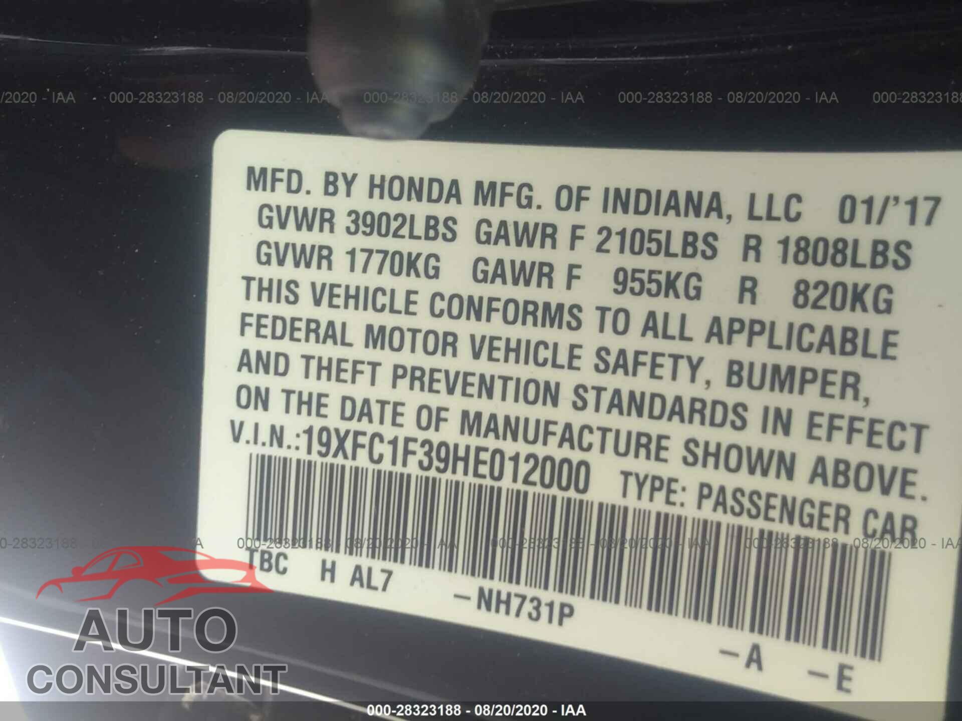 HONDA CIVIC SEDAN 2017 - 19XFC1F39HE012000