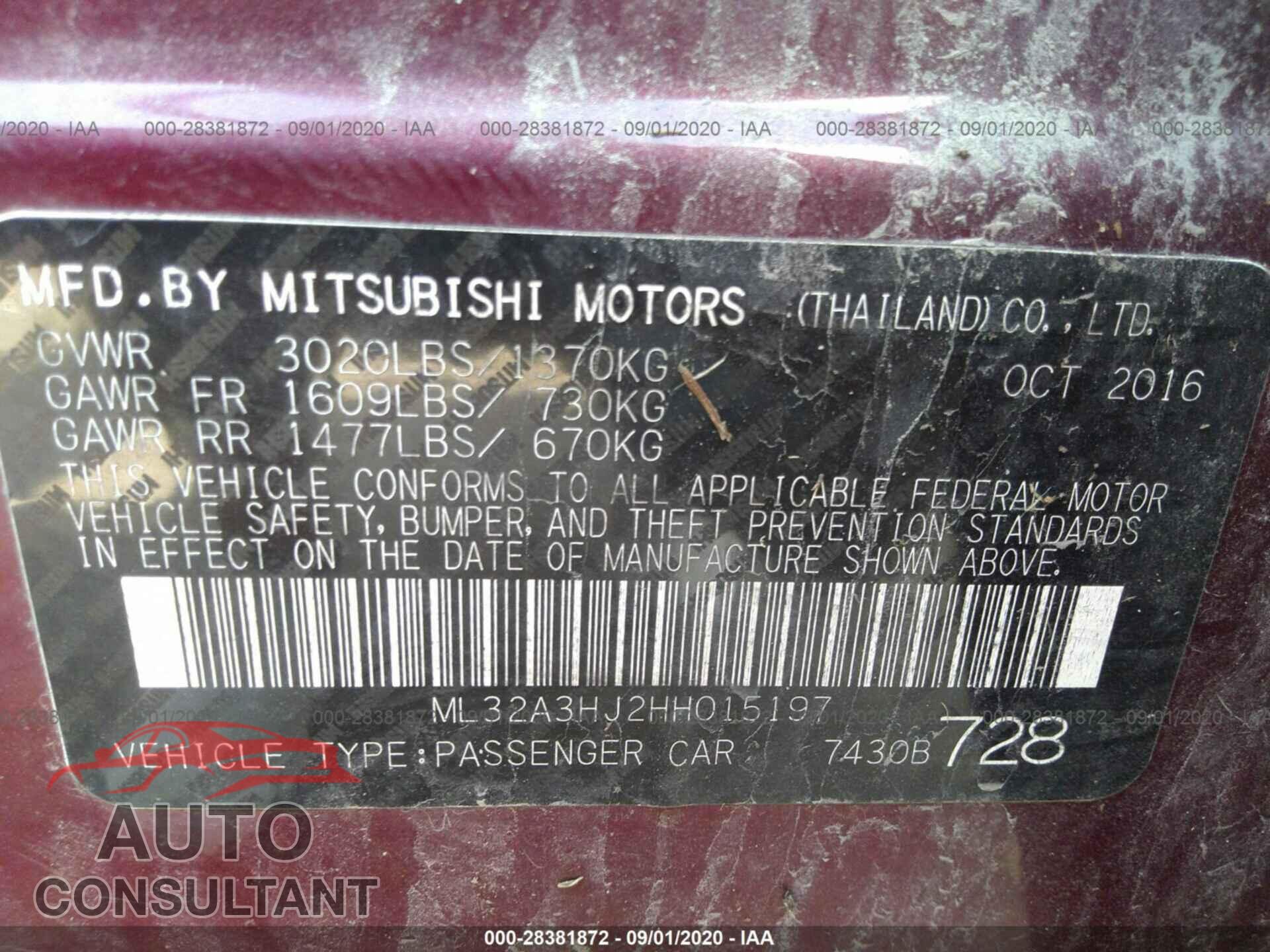 MITSUBISHI MIRAGE 2017 - ML32A3HJ2HH015197