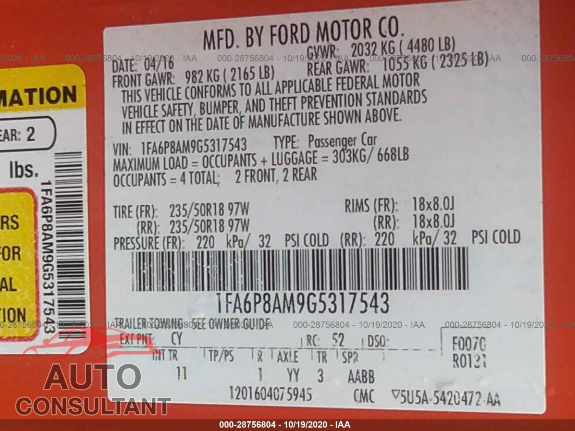 FORD MUSTANG 2016 - 1FA6P8AM9G5317543
