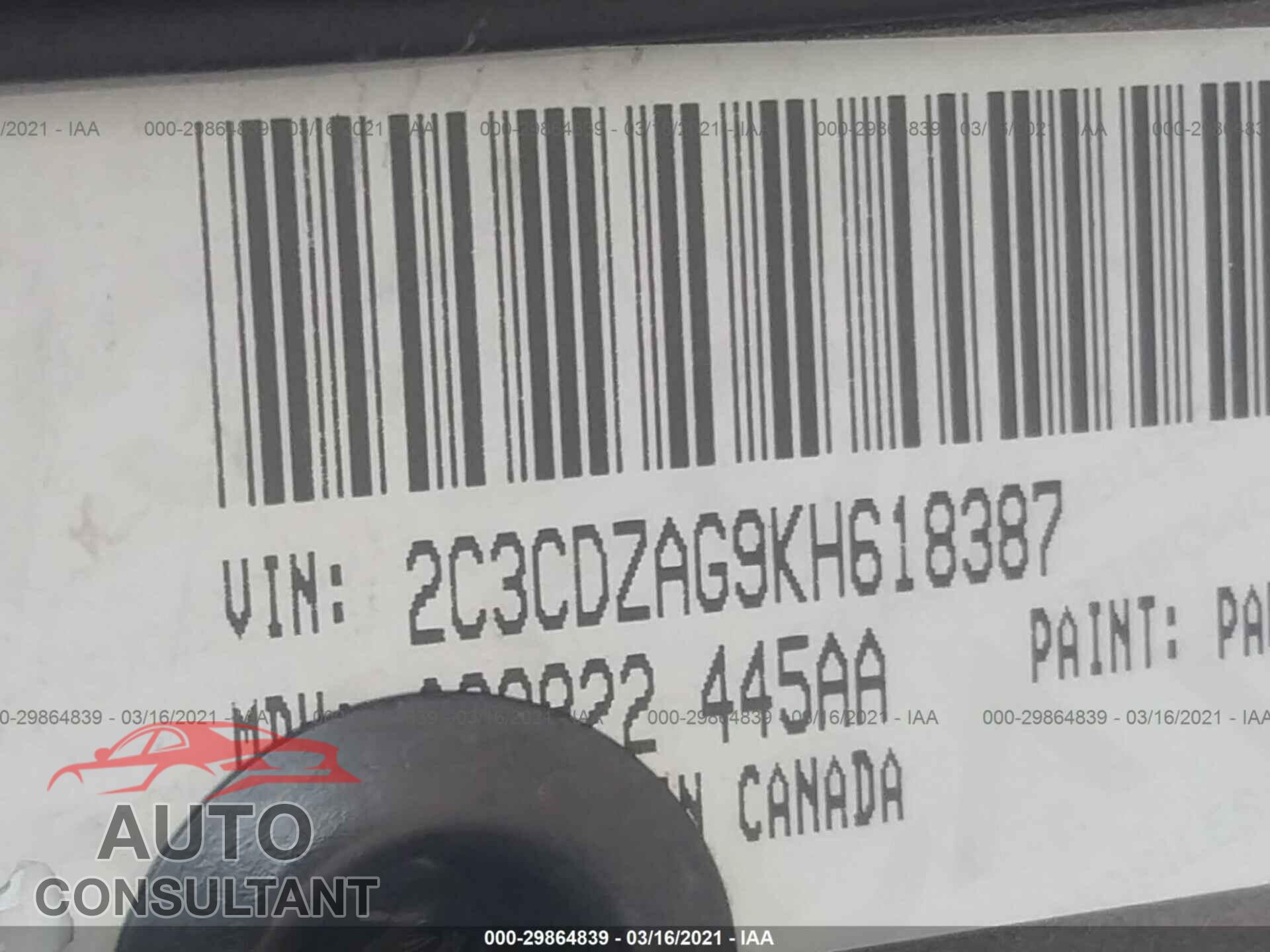 DODGE CHALLENGER 2019 - 2C3CDZAG9KH618387