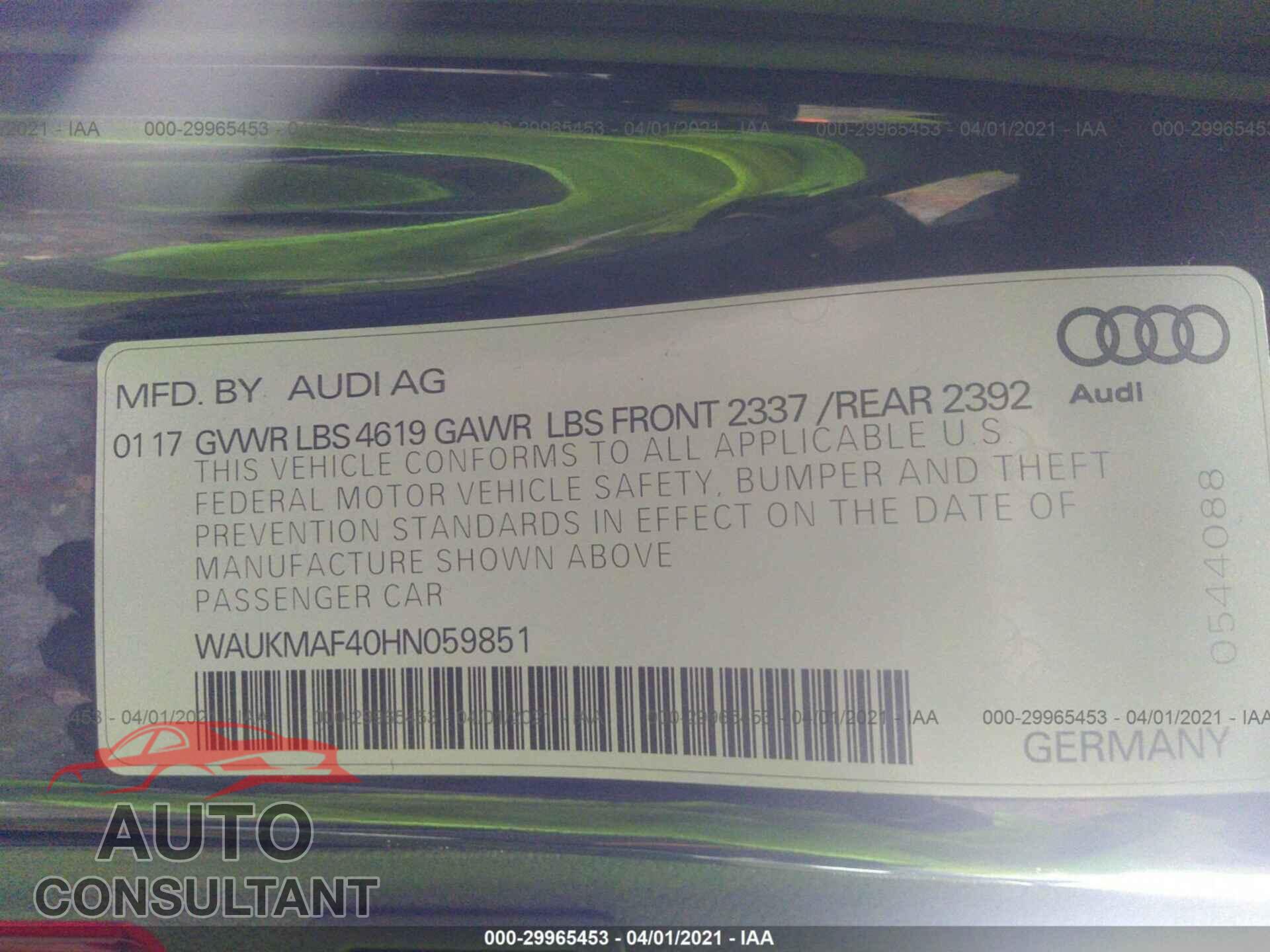 AUDI A4 2017 - WAUKMAF40HN059851