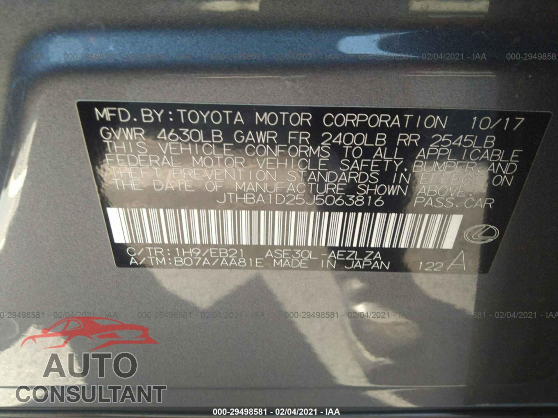 LEXUS IS 2018 - JTHBA1D25J5063816