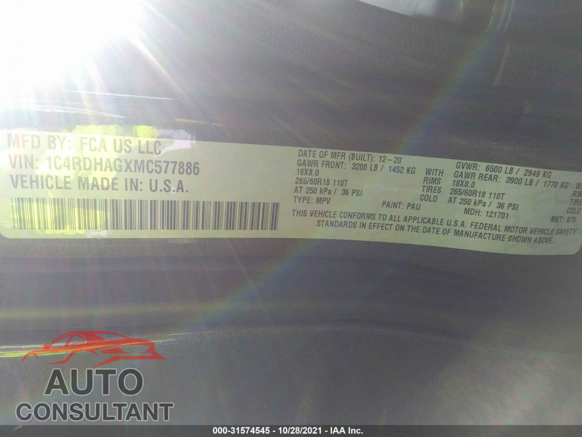 DODGE DURANGO 2021 - 1C4RDHAGXMC577886