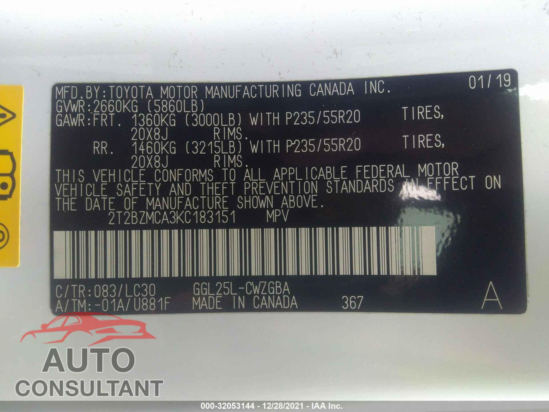 LEXUS RX 2019 - 2T2BZMCA3KC183151