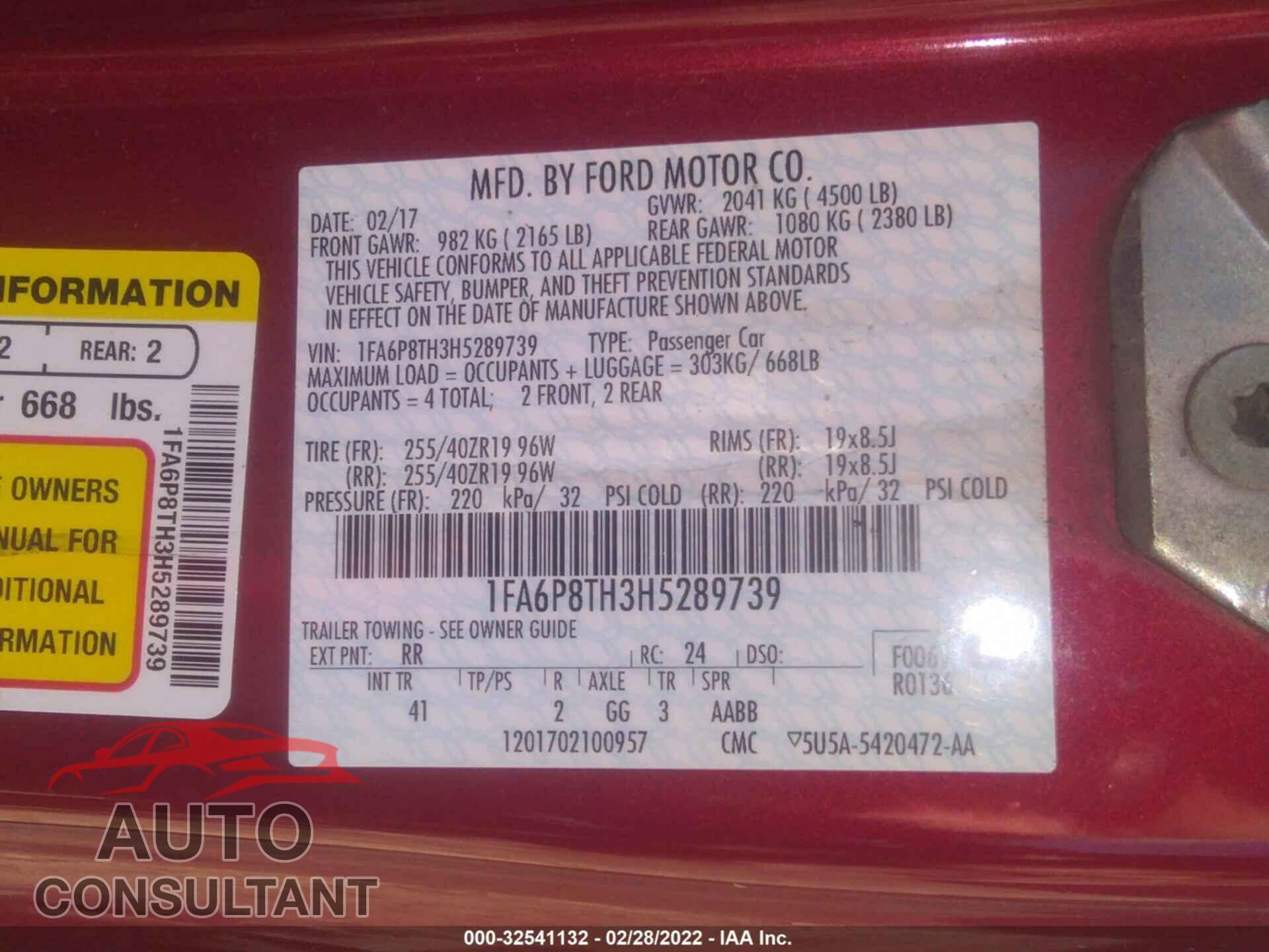FORD MUSTANG 2017 - 1FA6P8TH3H5289739