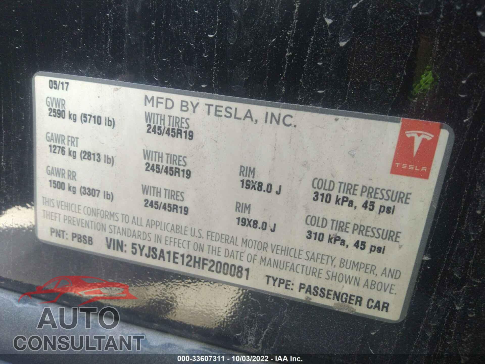 TESLA MODEL S 2017 - 5YJSA1E12HF200081