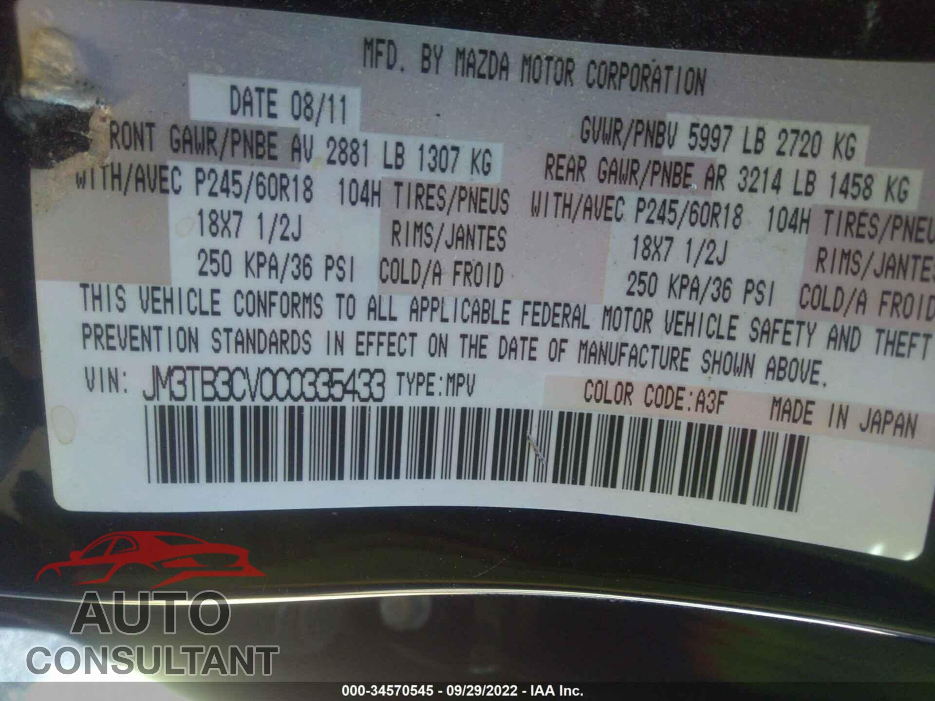 MAZDA CX-9 2012 - JM3TB3CV0C0335433