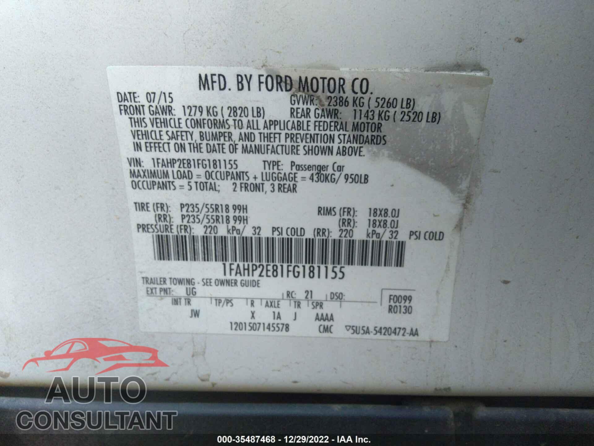 FORD TAURUS 2015 - 1FAHP2E81FG181155