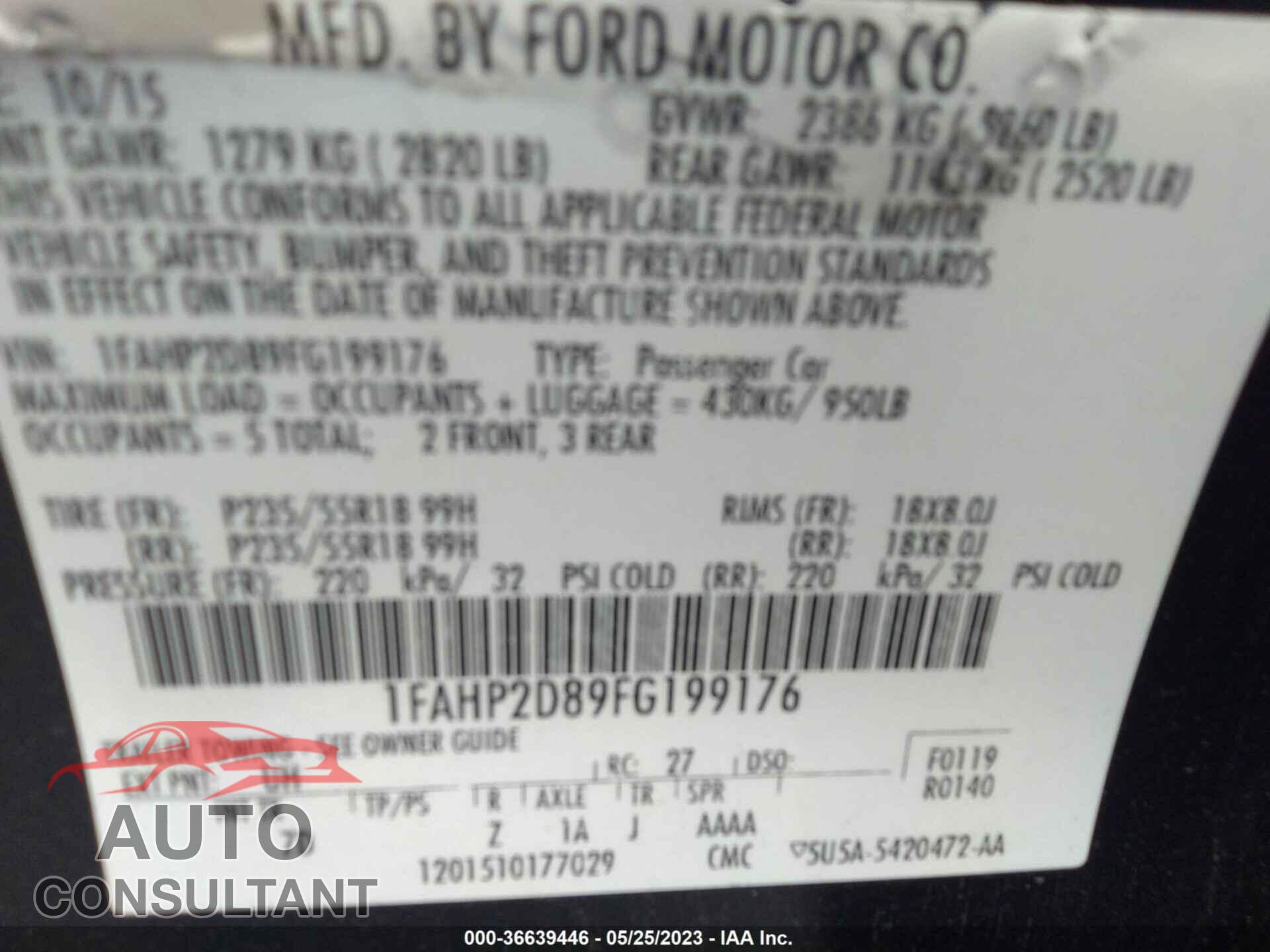 FORD TAURUS 2015 - 1FAHP2D89FG199176