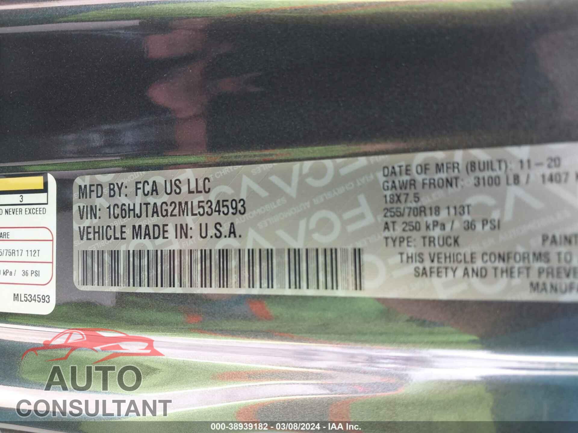JEEP GLADIATOR 2021 - 1C6HJTAG2ML534593