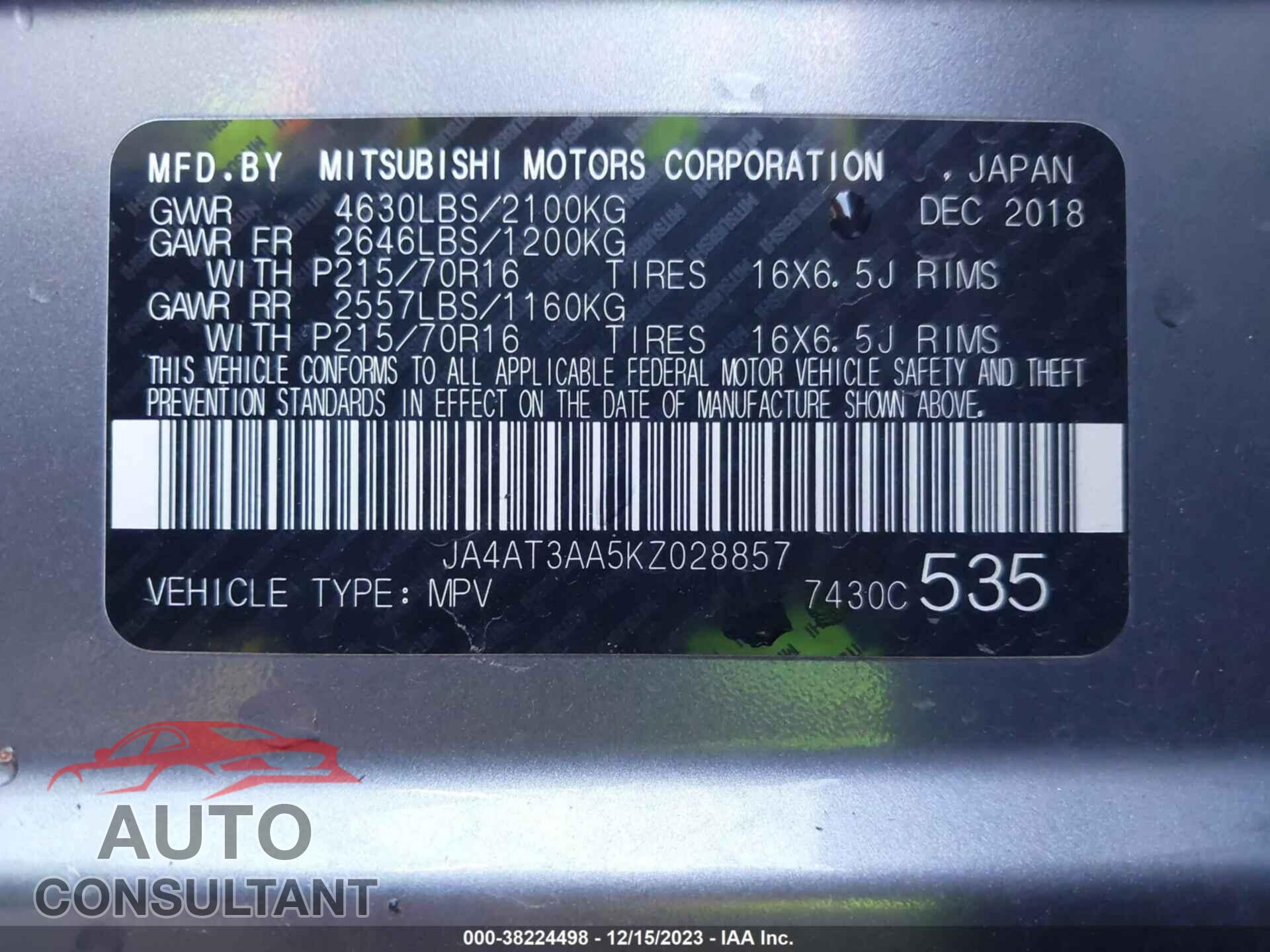 MITSUBISHI ECLIPSE CROSS 2019 - JA4AT3AA5KZ028857