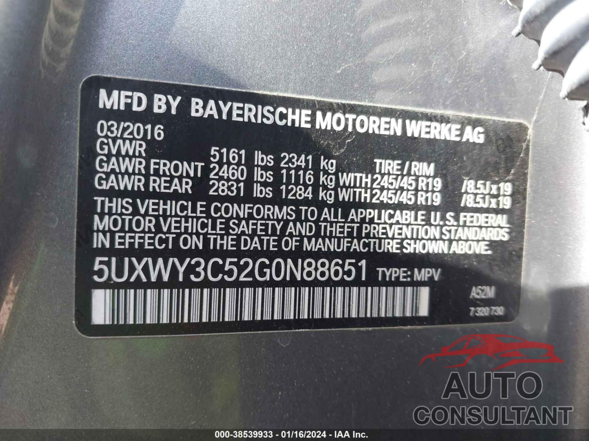 BMW X3 2016 - 5UXWY3C52G0N88651
