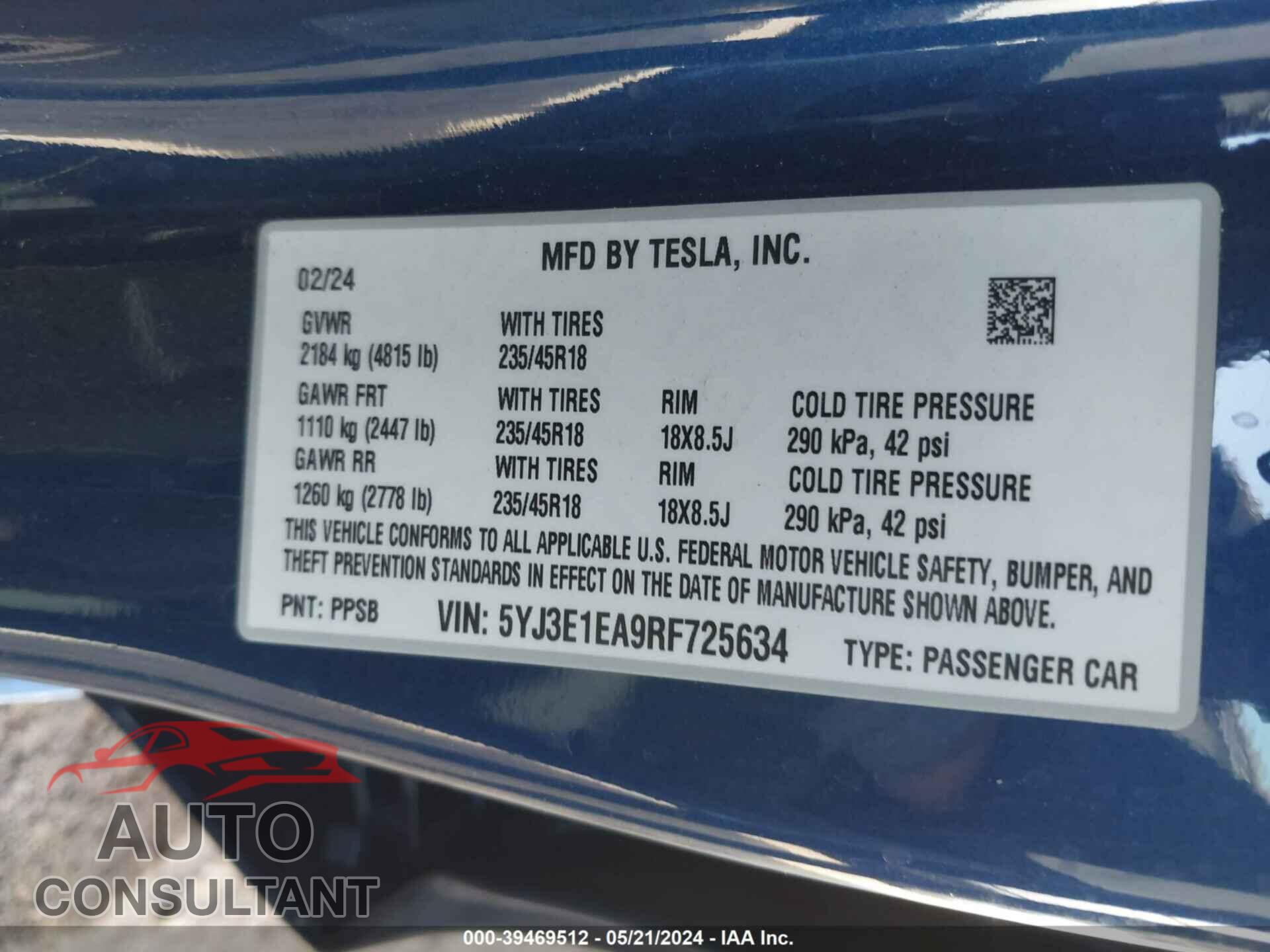 TESLA MODEL 3 2024 - 5YJ3E1EA9RF725634