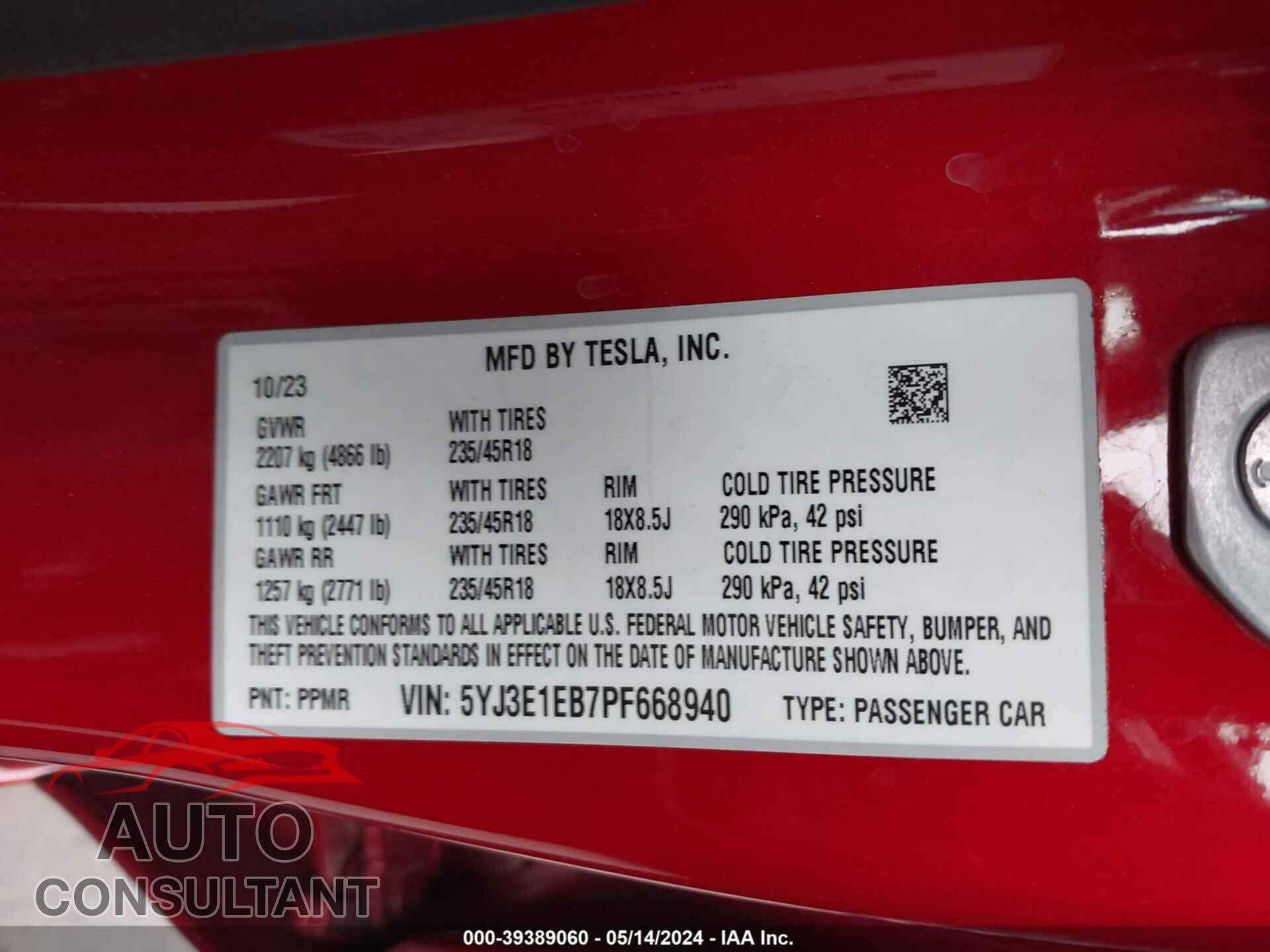TESLA MODEL 3 2023 - 5YJ3E1EB7PF668940