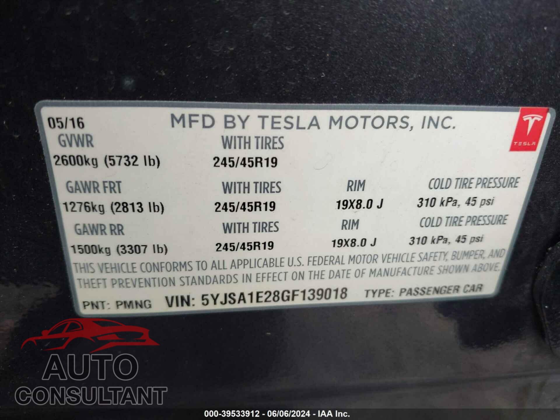 TESLA MODEL S 2016 - 5YJSA1E28GF139018