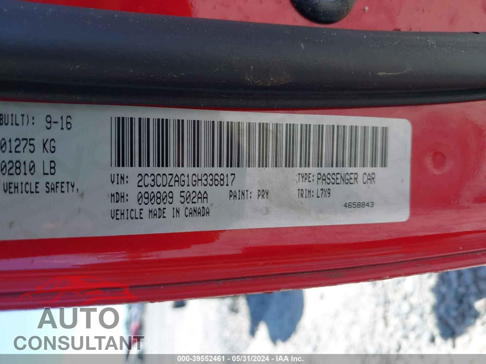 DODGE CHALLENGER 2016 - 2C3CDZAG1GH336817