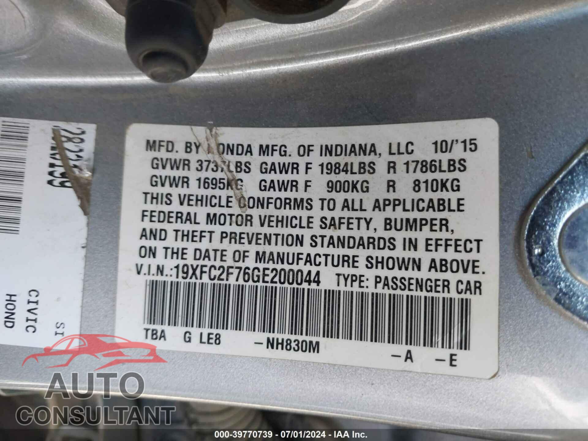 HONDA CIVIC 2016 - 19XFC2F76GE200044