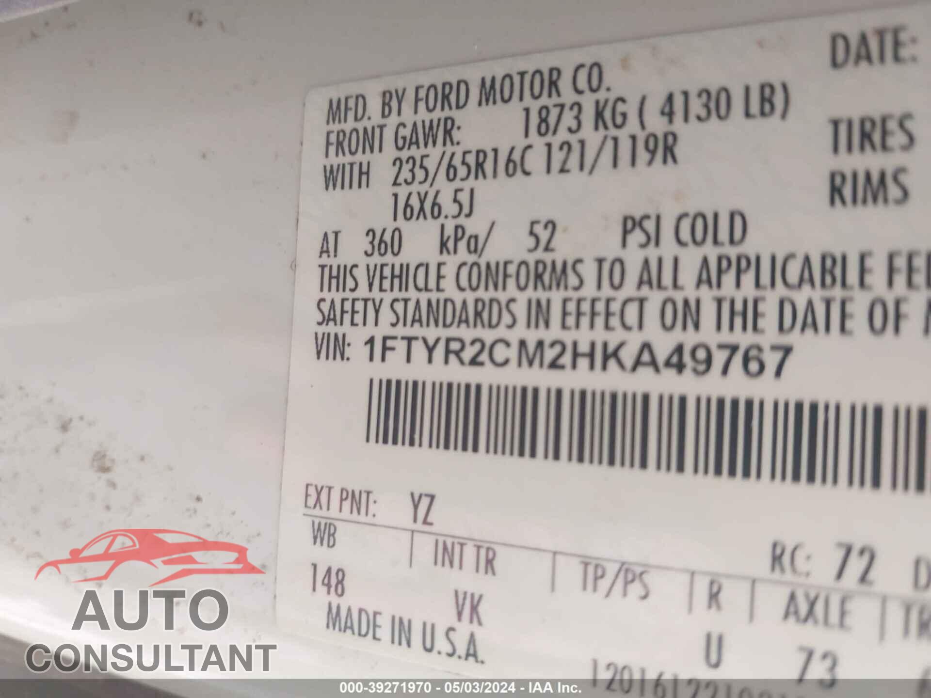 FORD TRANSIT 2017 - 1FTYR2CM2HKA49767