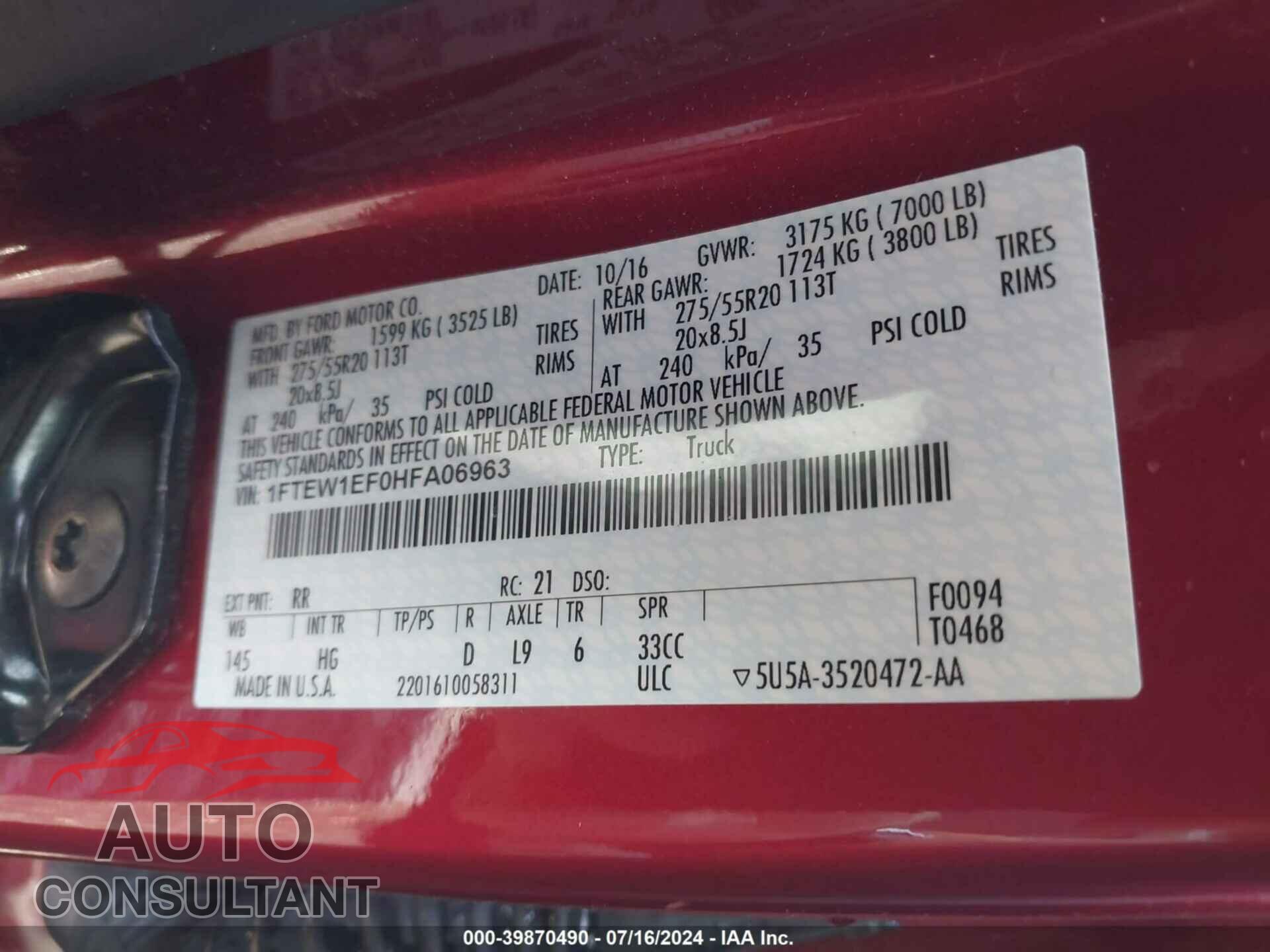 FORD F-150 2017 - 1FTEW1EF0HFA06963