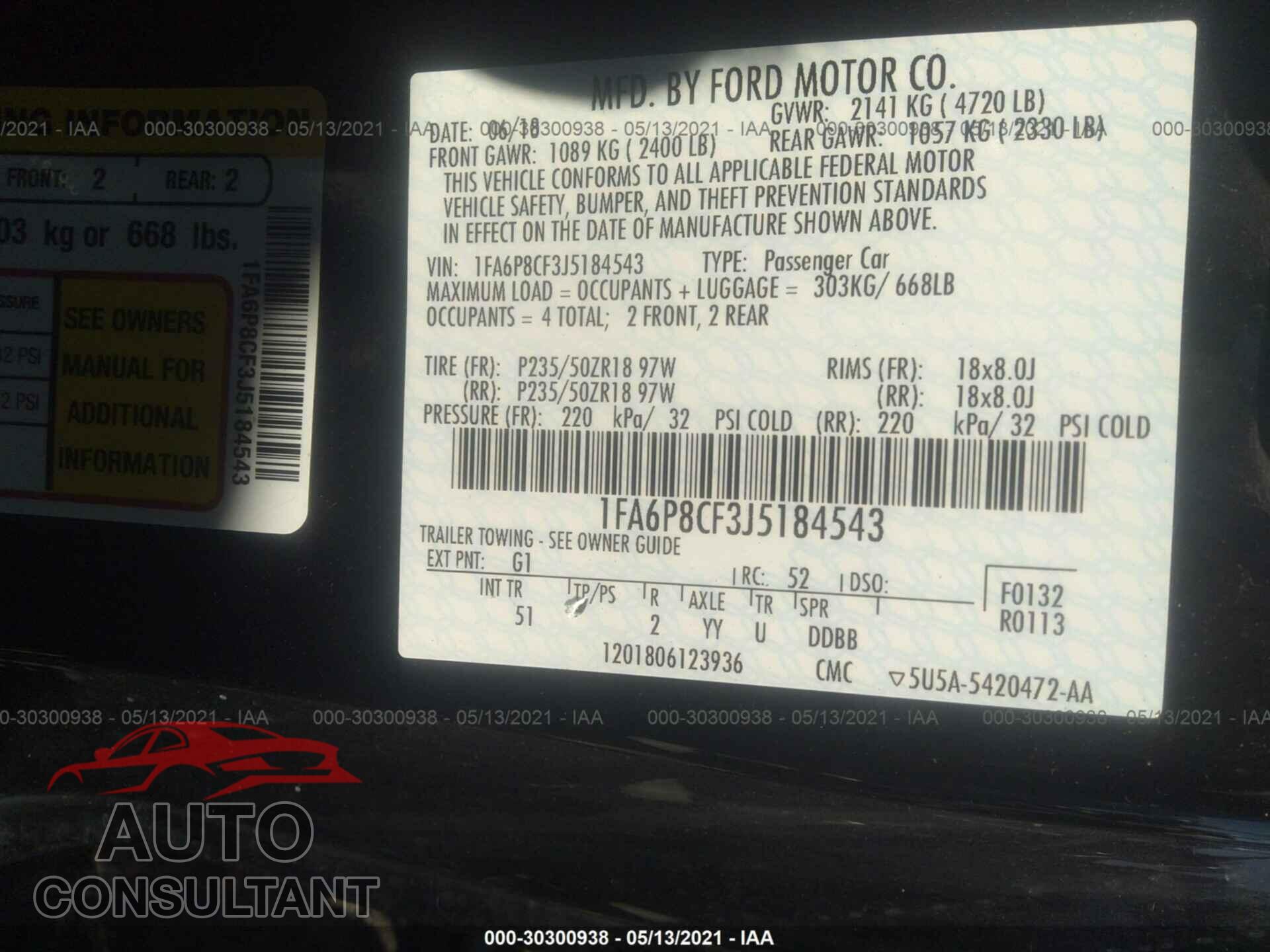 FORD MUSTANG 2018 - 1FA6P8CF3J5184543