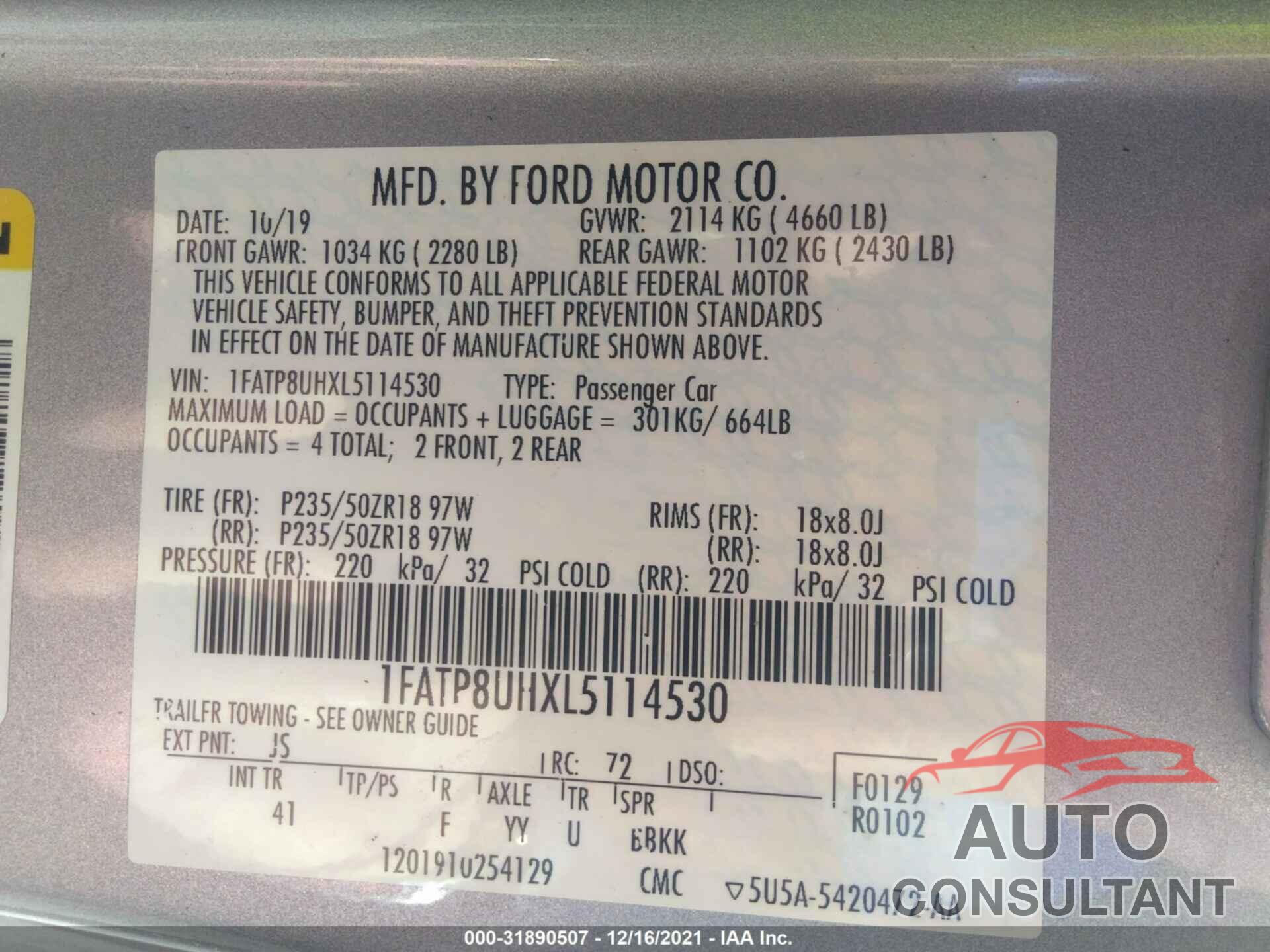 FORD MUSTANG 2020 - 1FATP8UHXL5114530