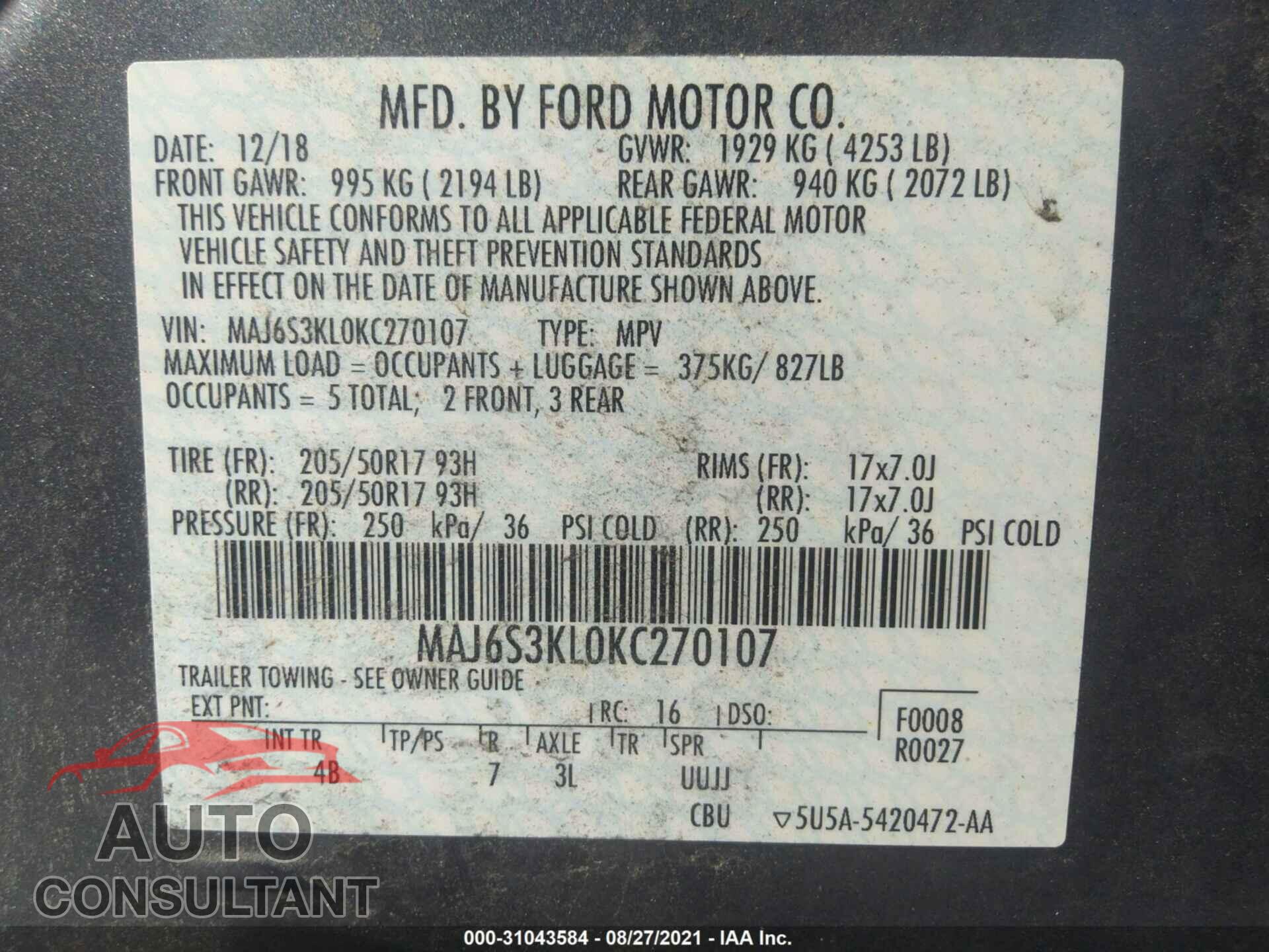 FORD ECOSPORT 2019 - MAJ6S3KL0KC270107