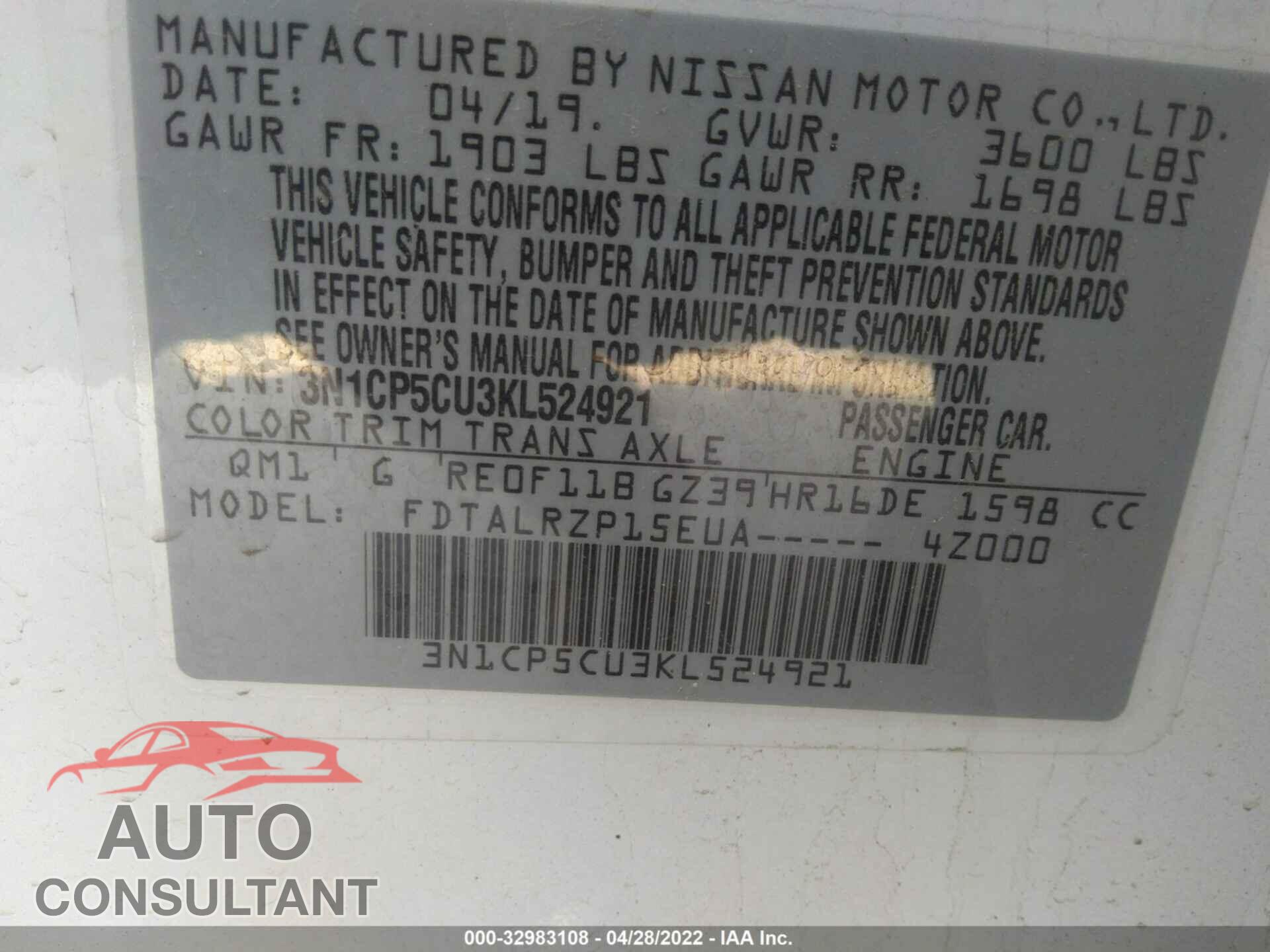 NISSAN KICKS 2019 - 3N1CP5CU3KL524921