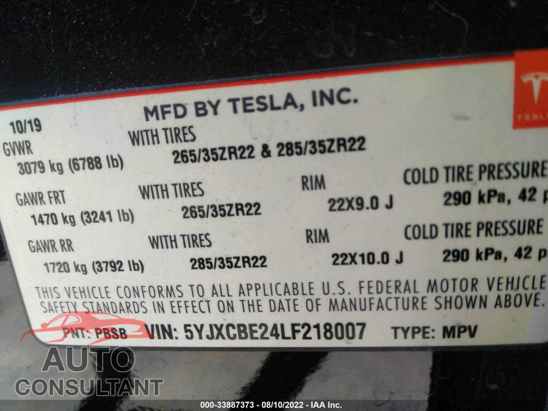 TESLA MODEL X 2020 - 5YJXCBE24LF218007