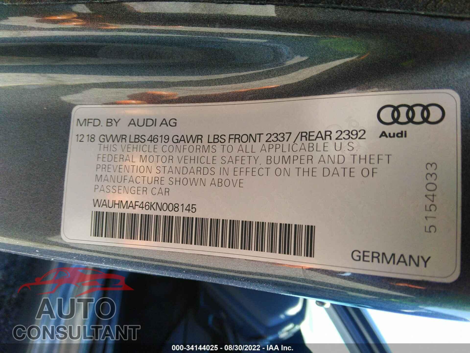 AUDI A4 2019 - WAUHMAF46KN008145