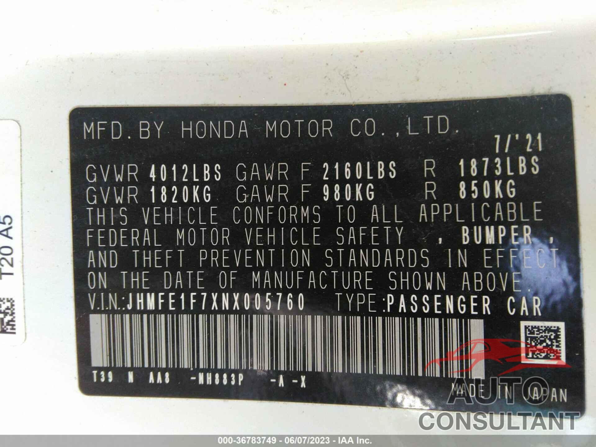 HONDA CIVIC SEDAN 2022 - JHMFE1F7XNX005760