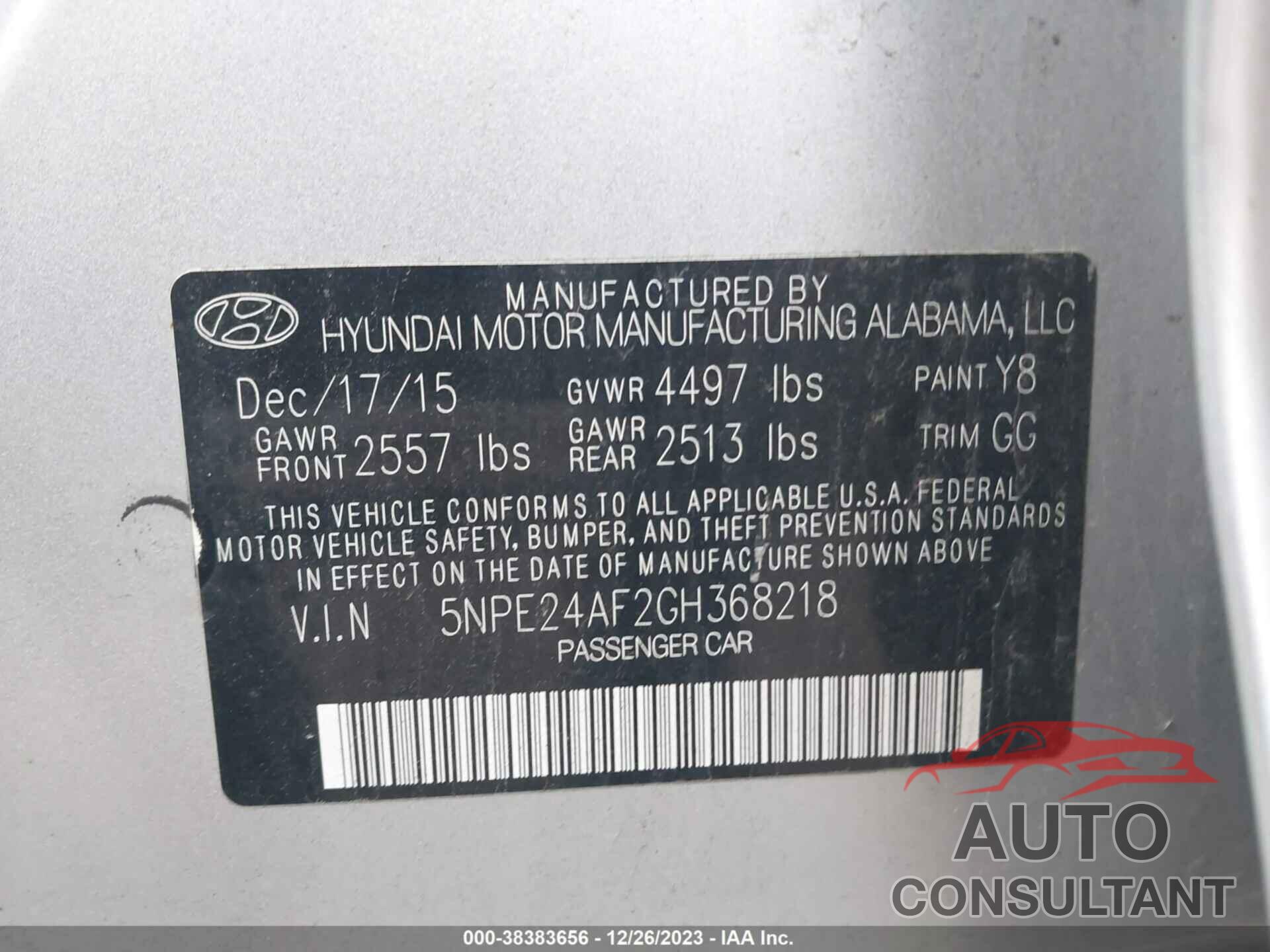 HYUNDAI SONATA 2016 - 5NPE24AF2GH368218