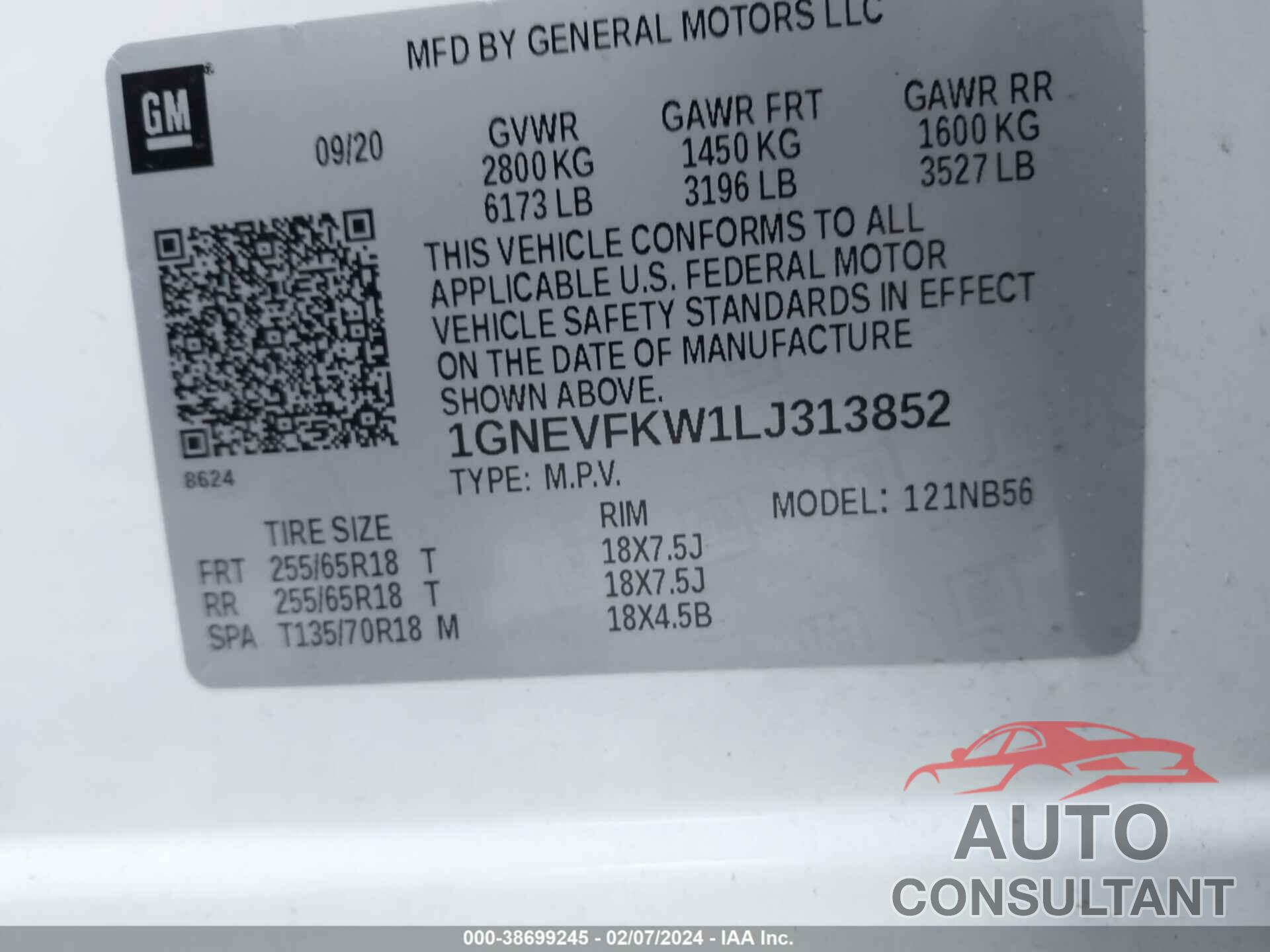 CHEVROLET TRAVERSE 2020 - 1GNEVFKW1L1313852