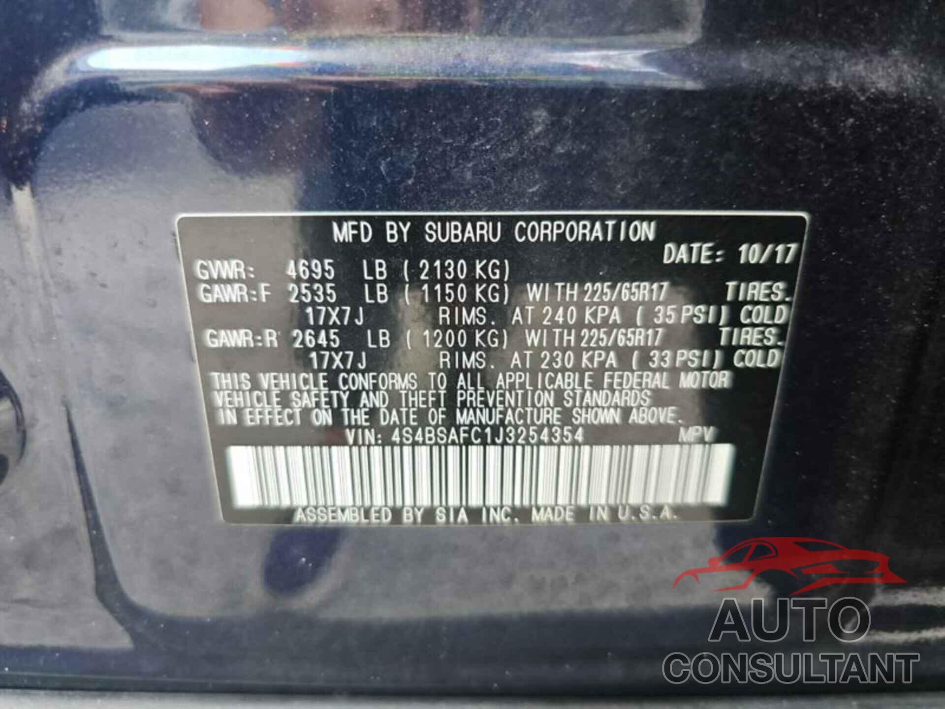SUBARU OUTBACK 2018 - 4S4BSAFC1J3254354