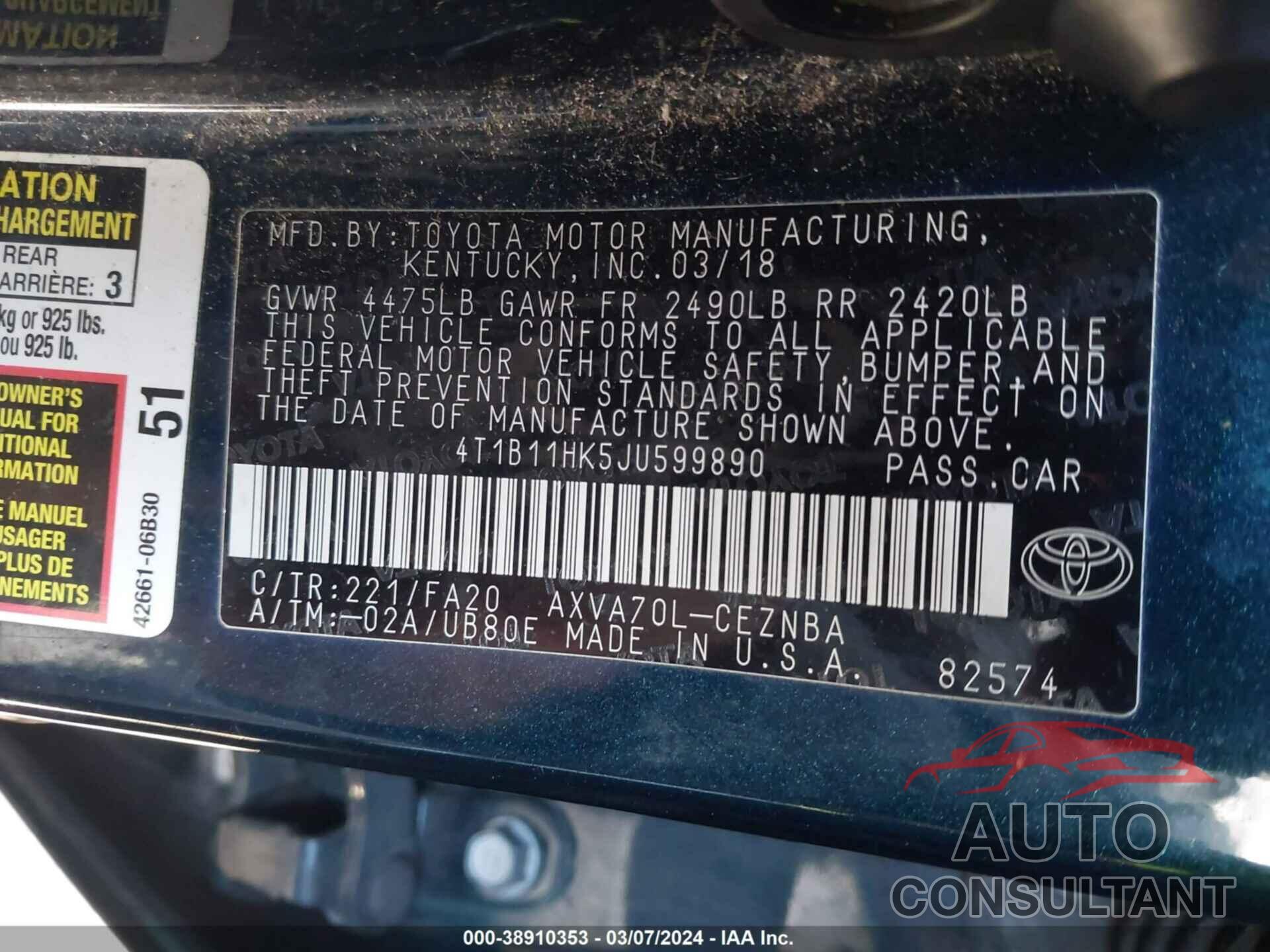 TOYOTA CAMRY 2018 - 4T1B11HK5JU599890