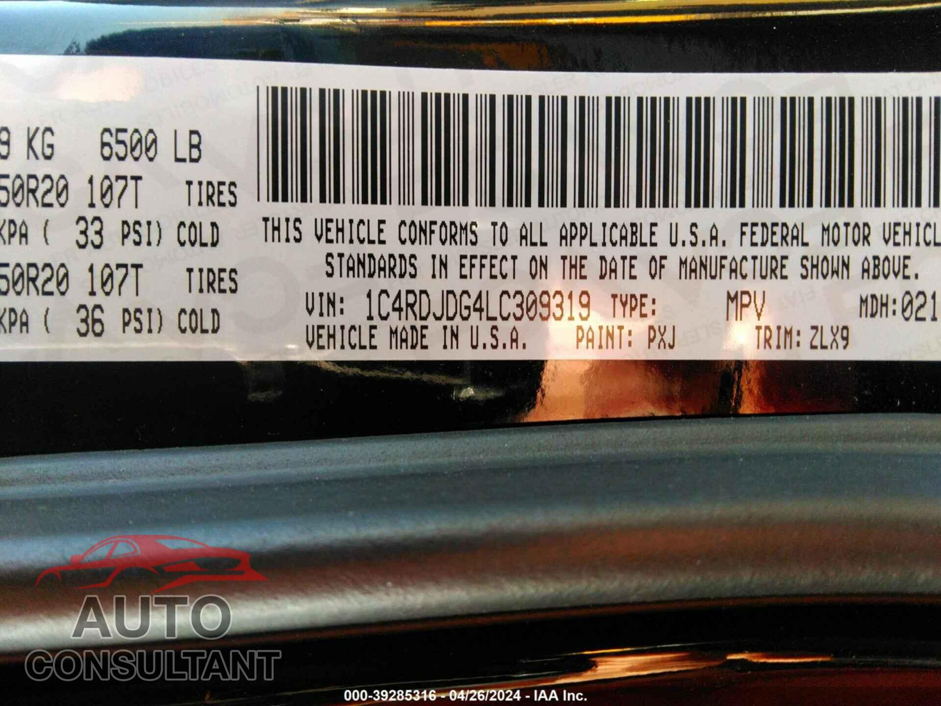 DODGE DURANGO 2020 - 1C4RDJDG4LC309319