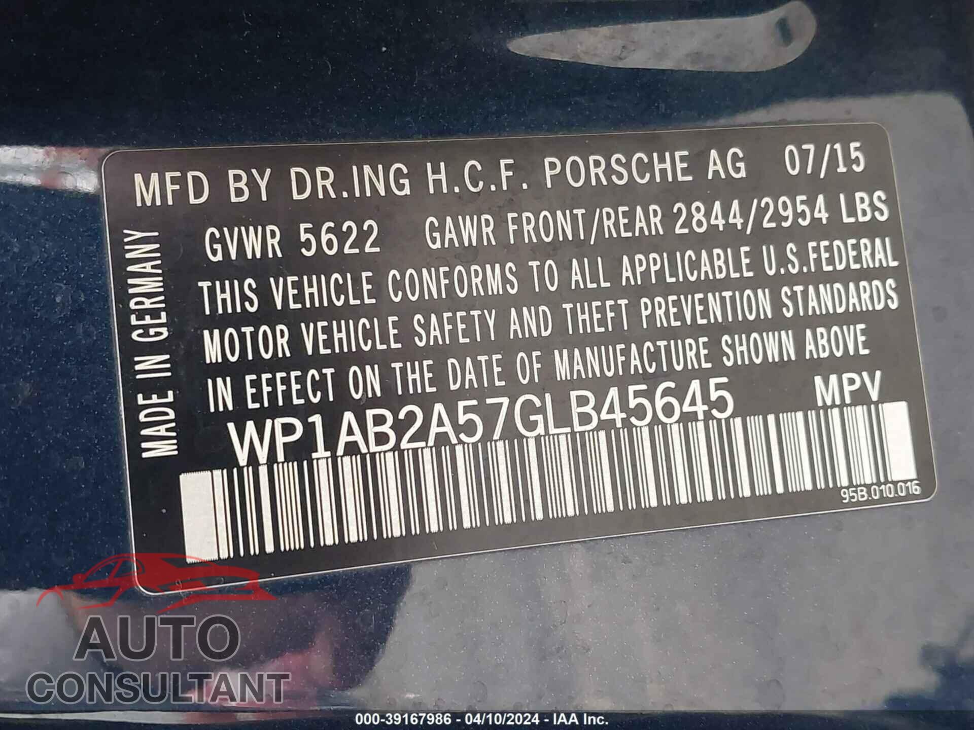 PORSCHE MACAN 2016 - WP1AB2A57GLB45645