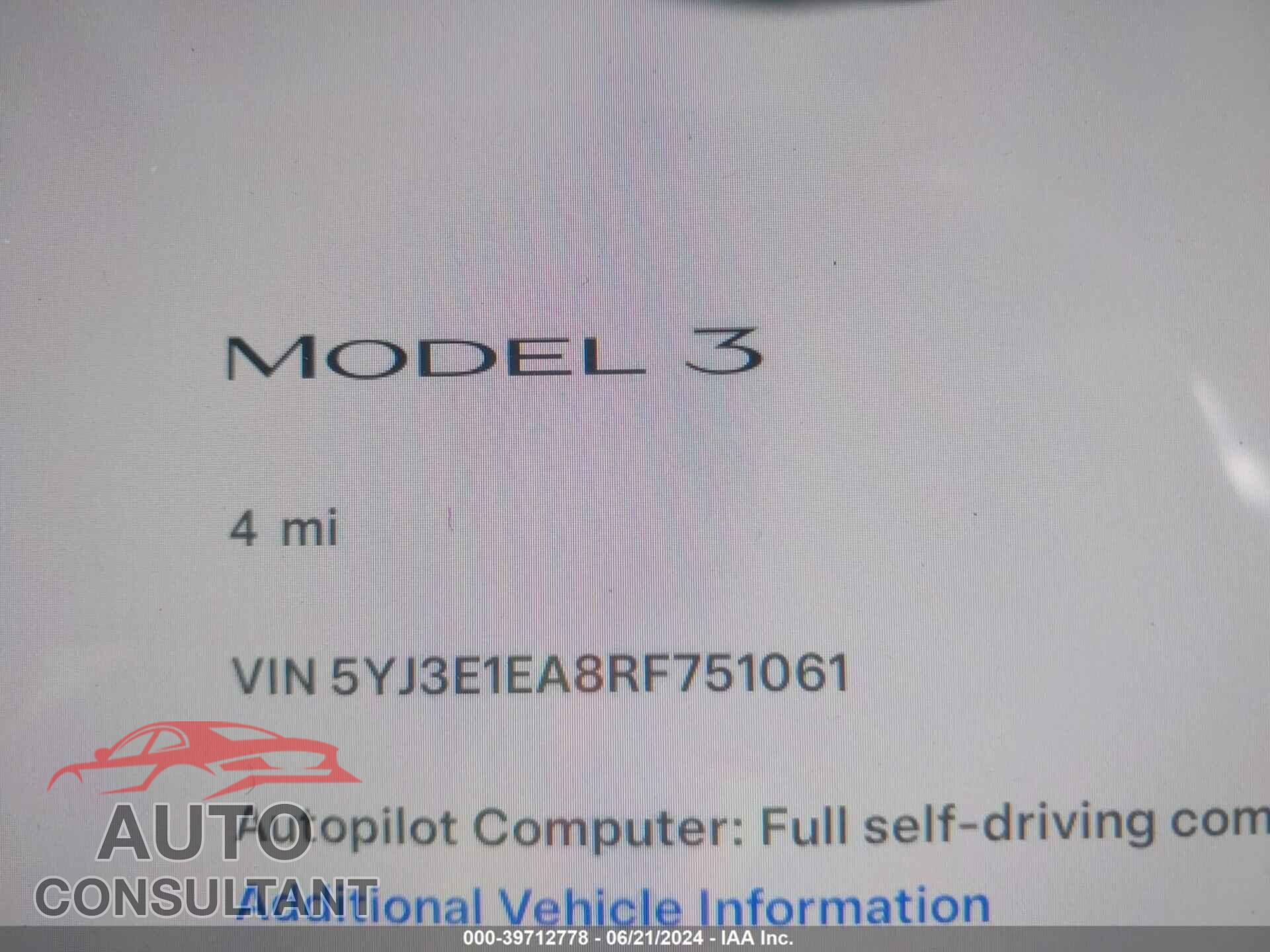 TESLA MODEL 3 2024 - 5YJ3E1EA8RF751061