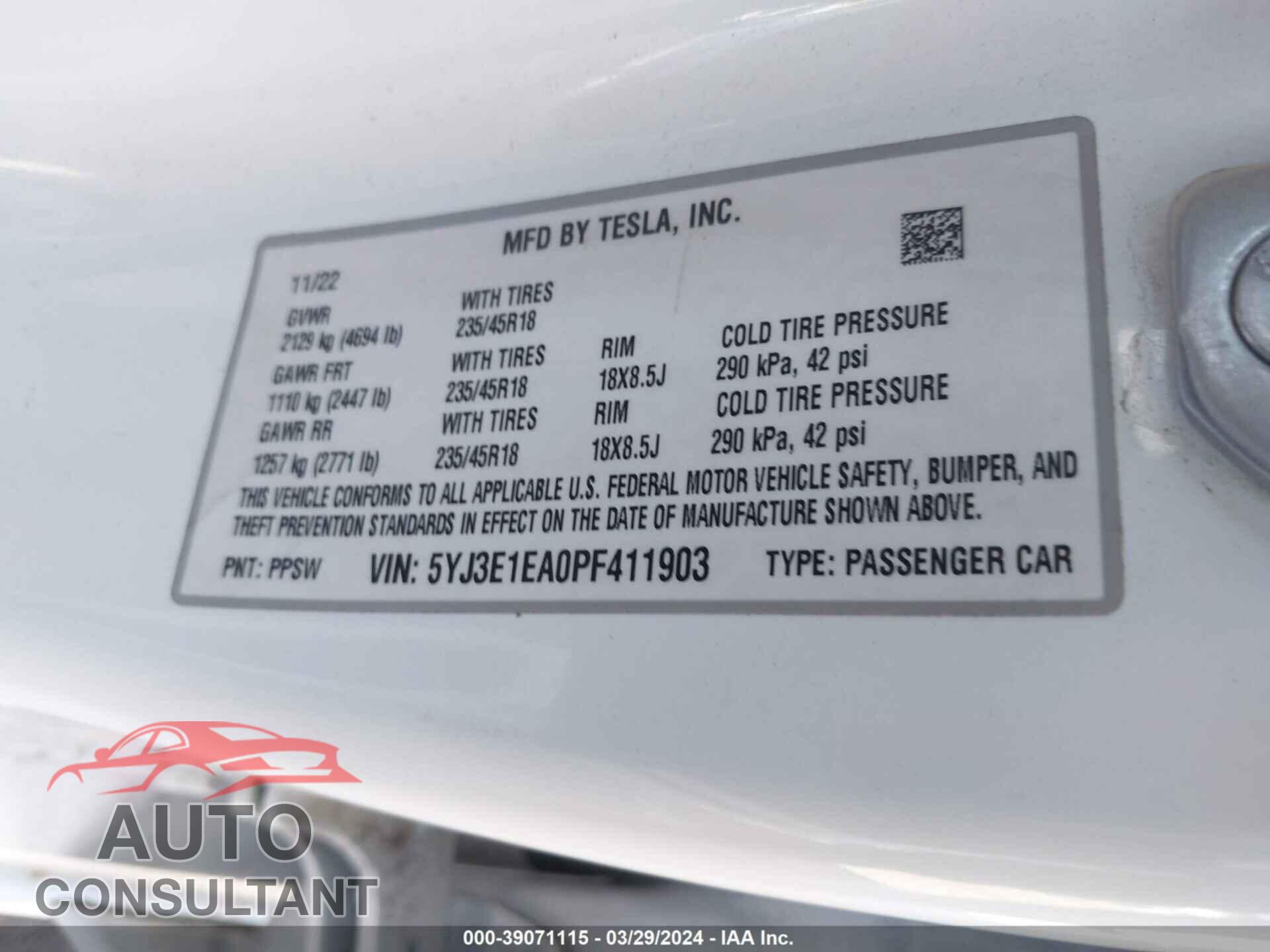 TESLA MODEL 3 2023 - 5YJ3E1EA0PF411903
