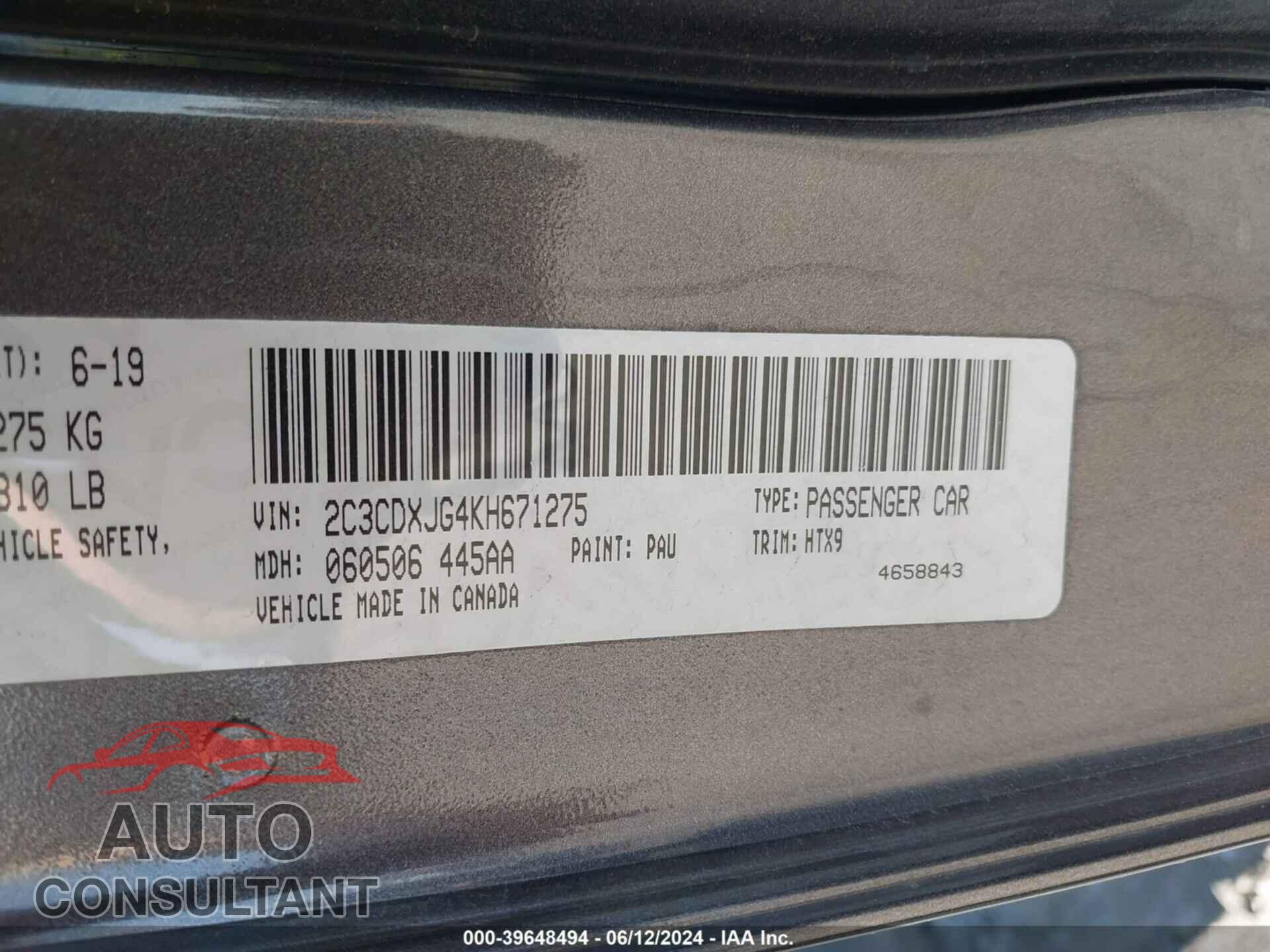 DODGE CHARGER 2019 - 2C3CDXJG4KH671275