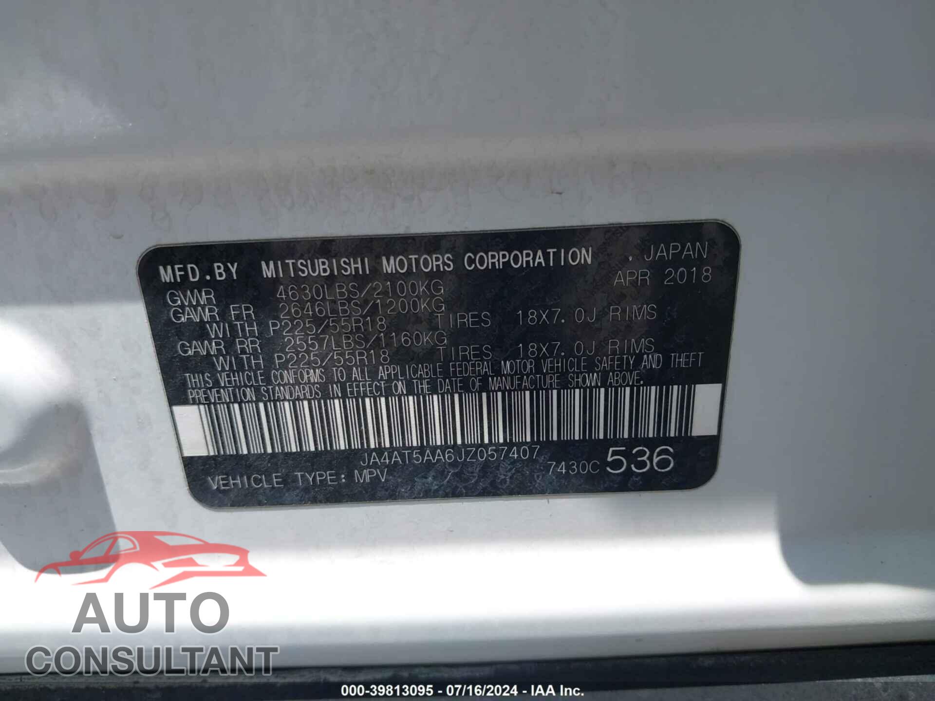 MITSUBISHI ECLIPSE CROSS 2018 - JA4AT5AA6JZ057407