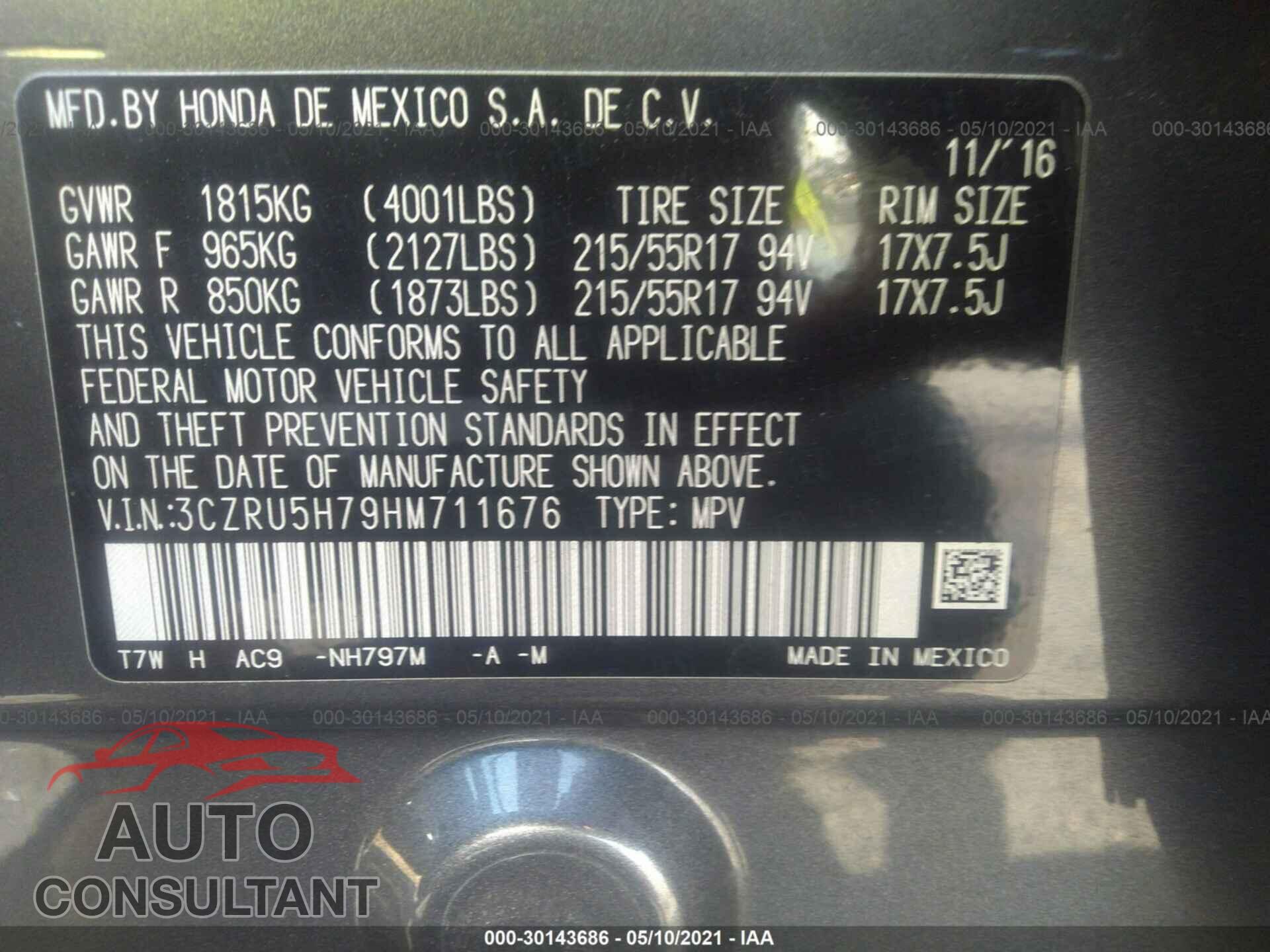 HONDA HR-V 2017 - 3CZRU5H79HM711676