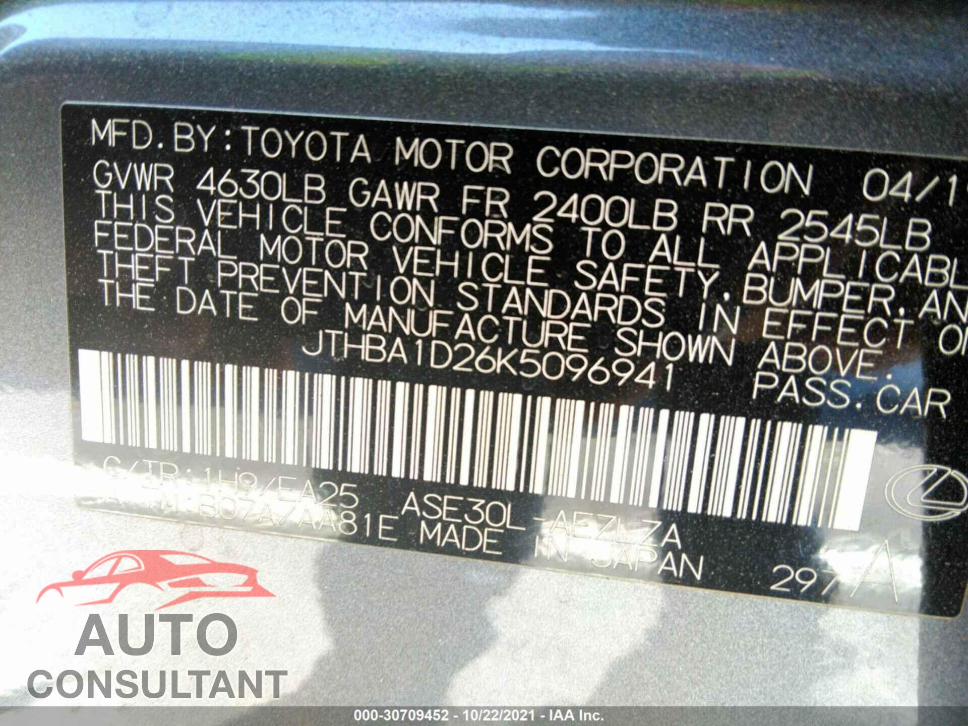 LEXUS IS 2019 - JTHBA1D26K5096941