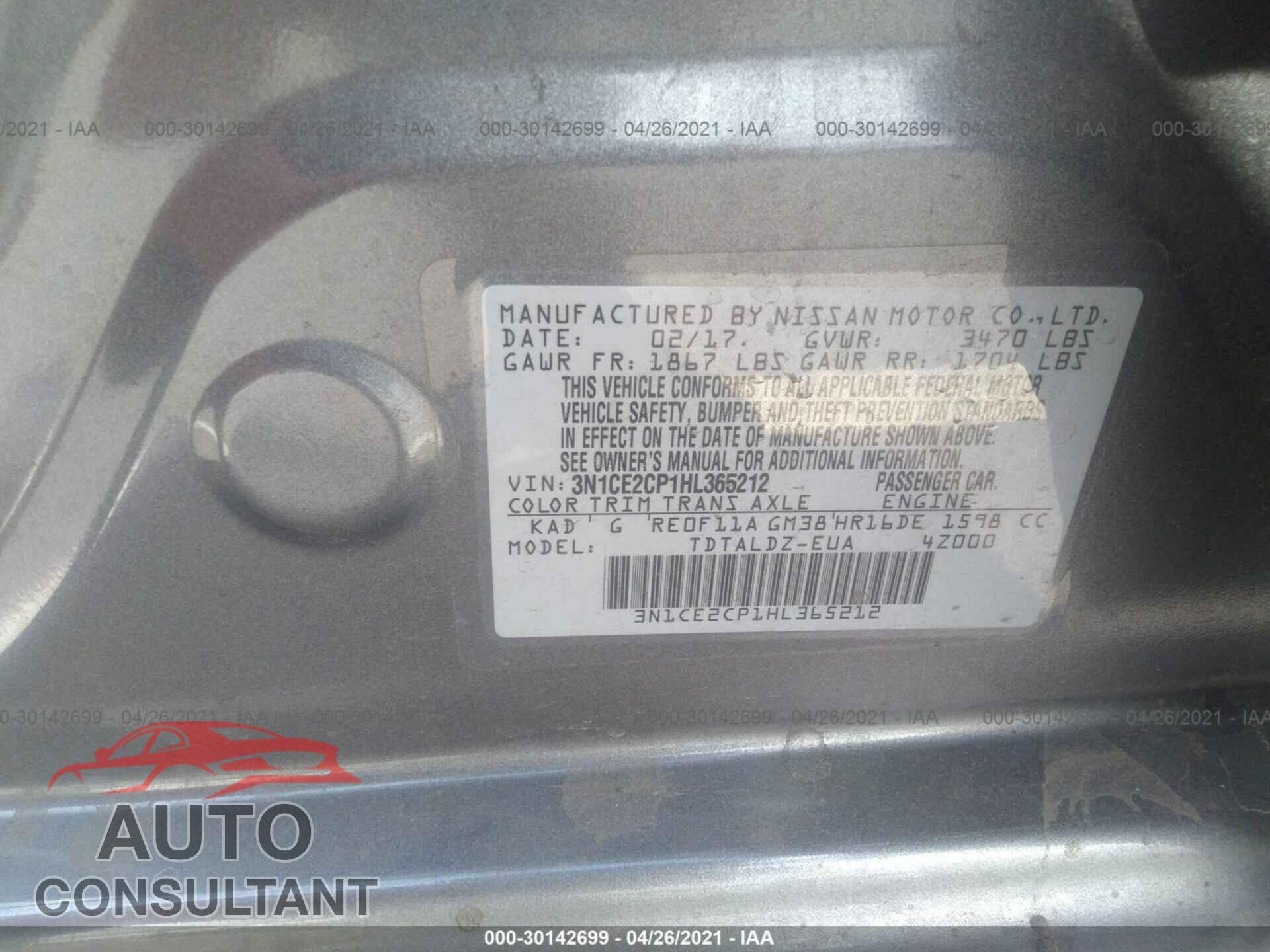 NISSAN VERSA NOTE 2017 - 3N1CE2CP1HL365212