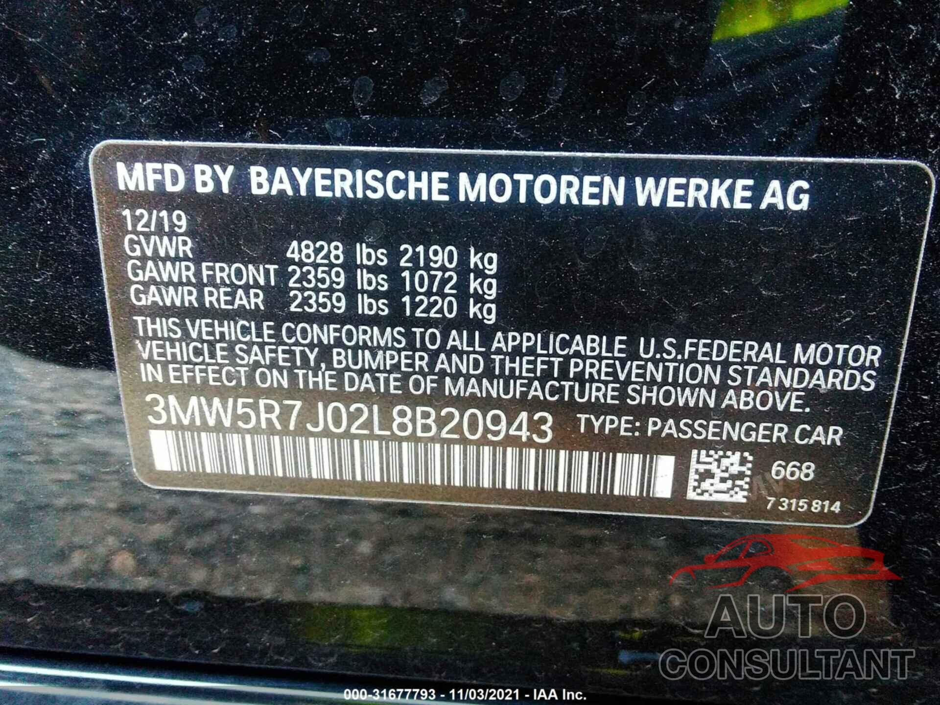 BMW 3 SERIES 2020 - 3MW5R7J02L8B20943