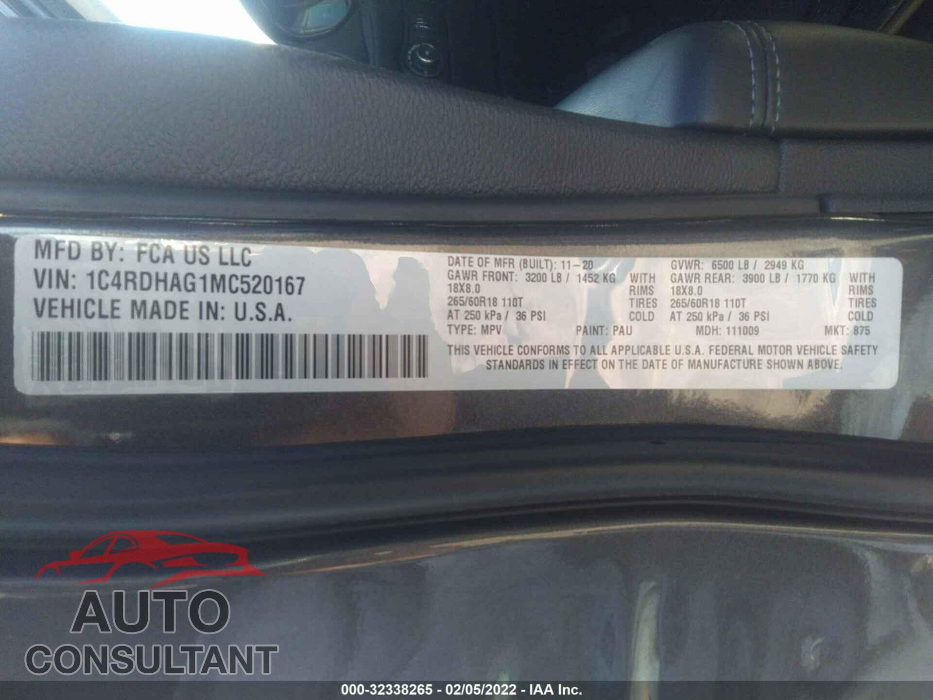 DODGE DURANGO 2021 - 1C4RDHAG1MC520167