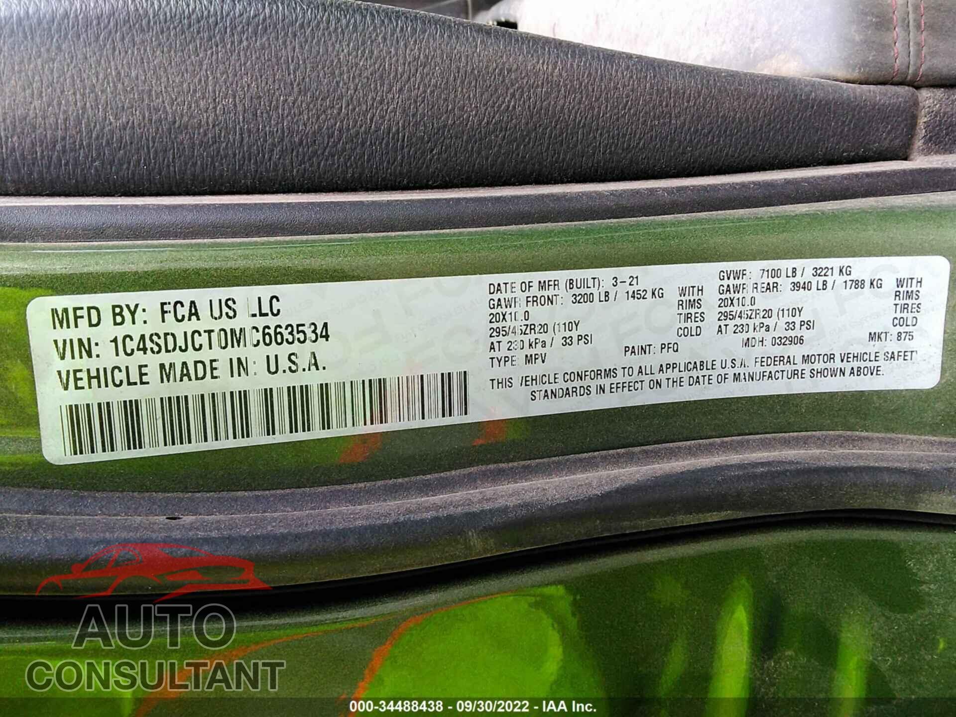 DODGE DURANGO 2021 - 1C4SDJCT0MC663534