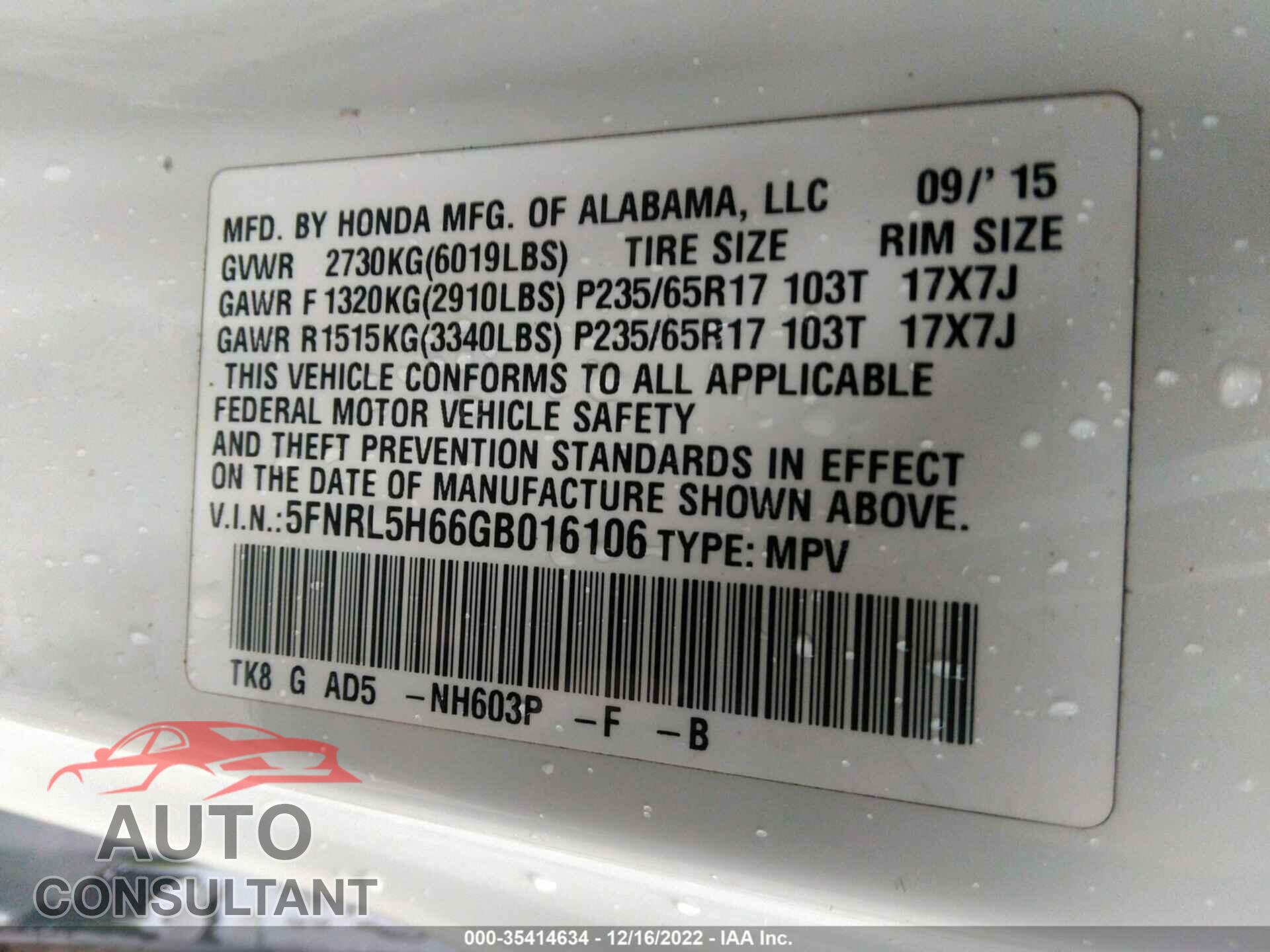 HONDA ODYSSEY 2016 - 5FNRL5H66GB016106