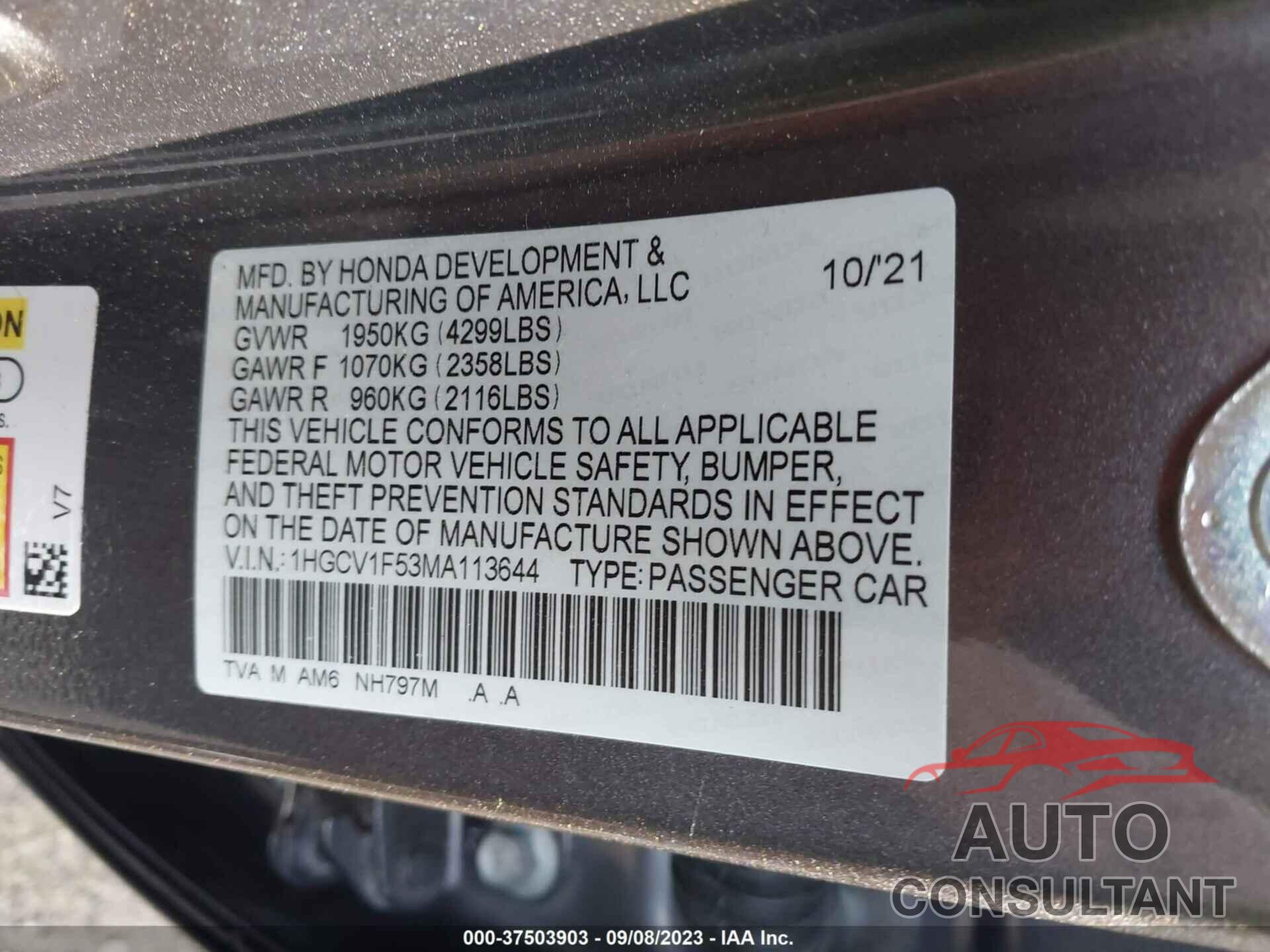 HONDA ACCORD 2021 - 1HGCV1F53MA113644