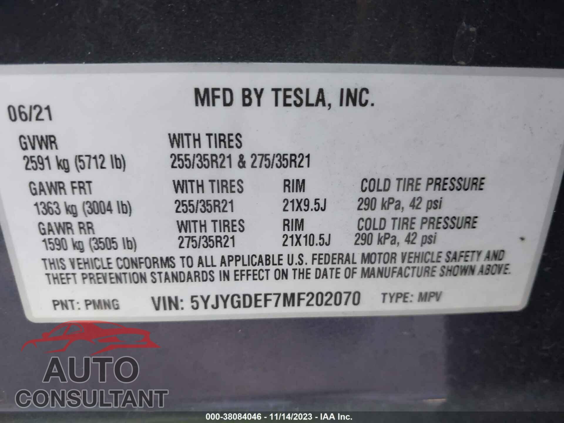 TESLA MODEL Y 2021 - 5YJYGDEF7MF202070
