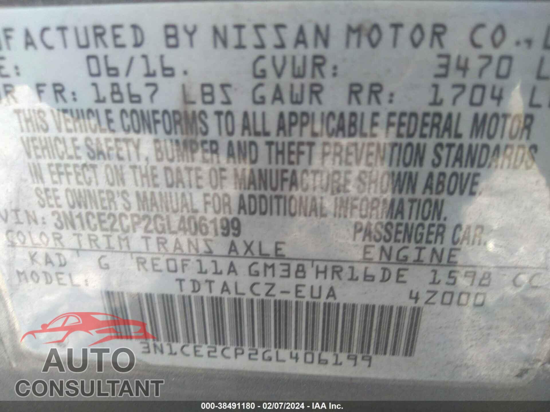 NISSAN VERSA NOTE 2016 - 3N1CE2CP2GL406199
